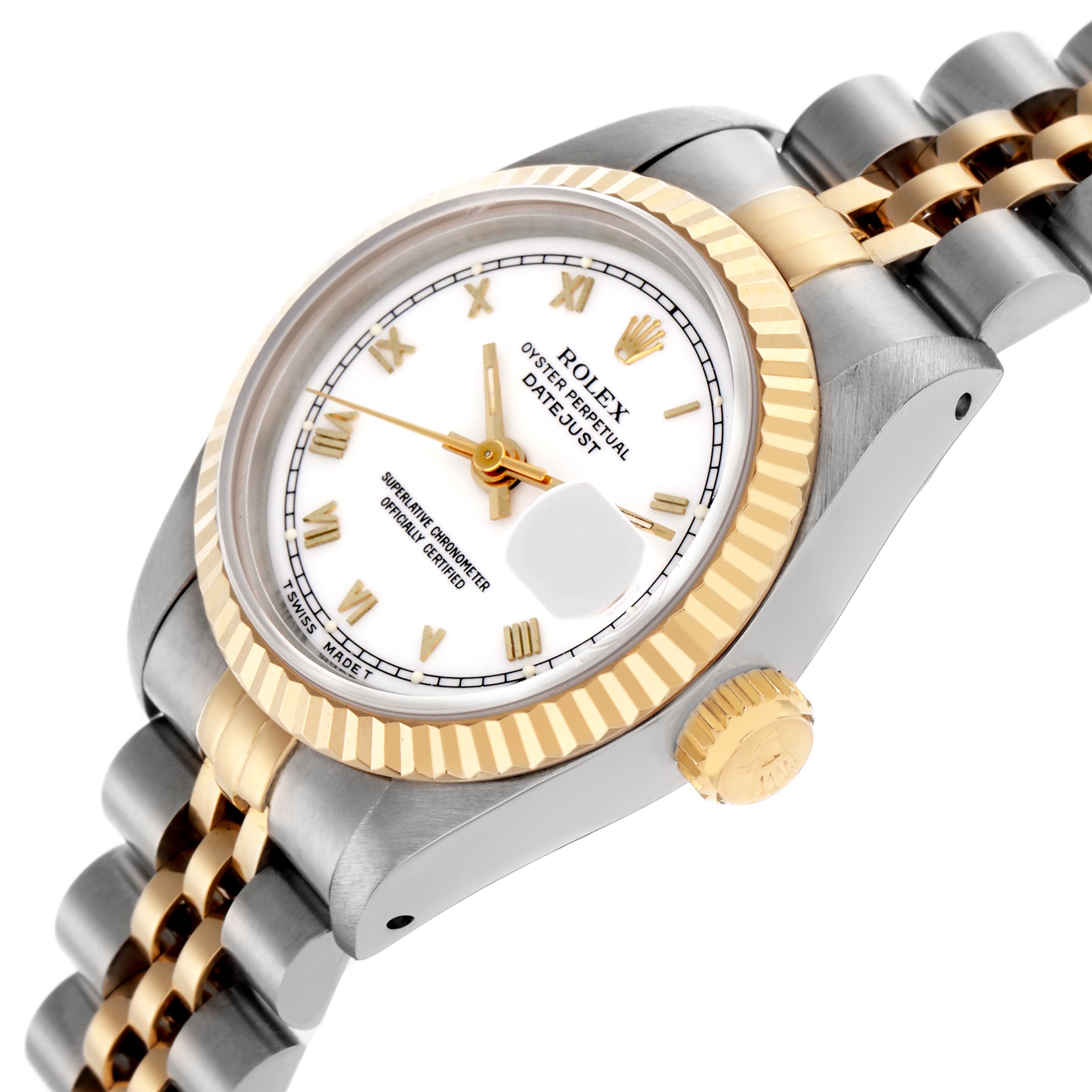 The Rolex Datejust 69173 Women's Steel and Gold (two tone) White Dial 69173 Women's Steel and Gold (two tone) White Dial watch is shown at a slight angle, displaying the face, bezel, crown, and part of the bracelet.
