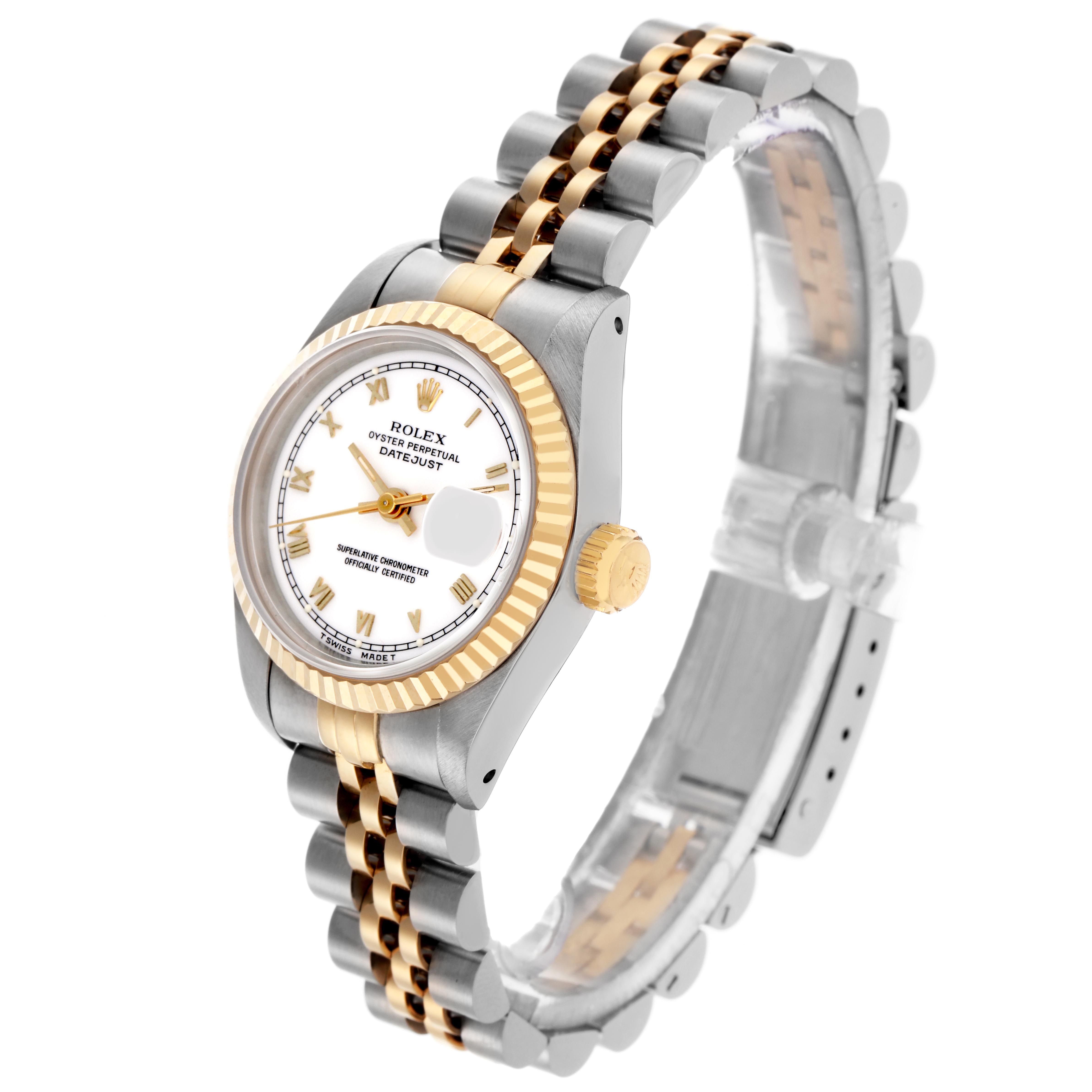 The Rolex Datejust 69173 Women's Steel and Gold (two tone) White Dial 69173 Women's Steel and Gold (two tone) White Dial watch is shown at an angled view, displaying the face, bezel, crown, and two-tone bracelet.
