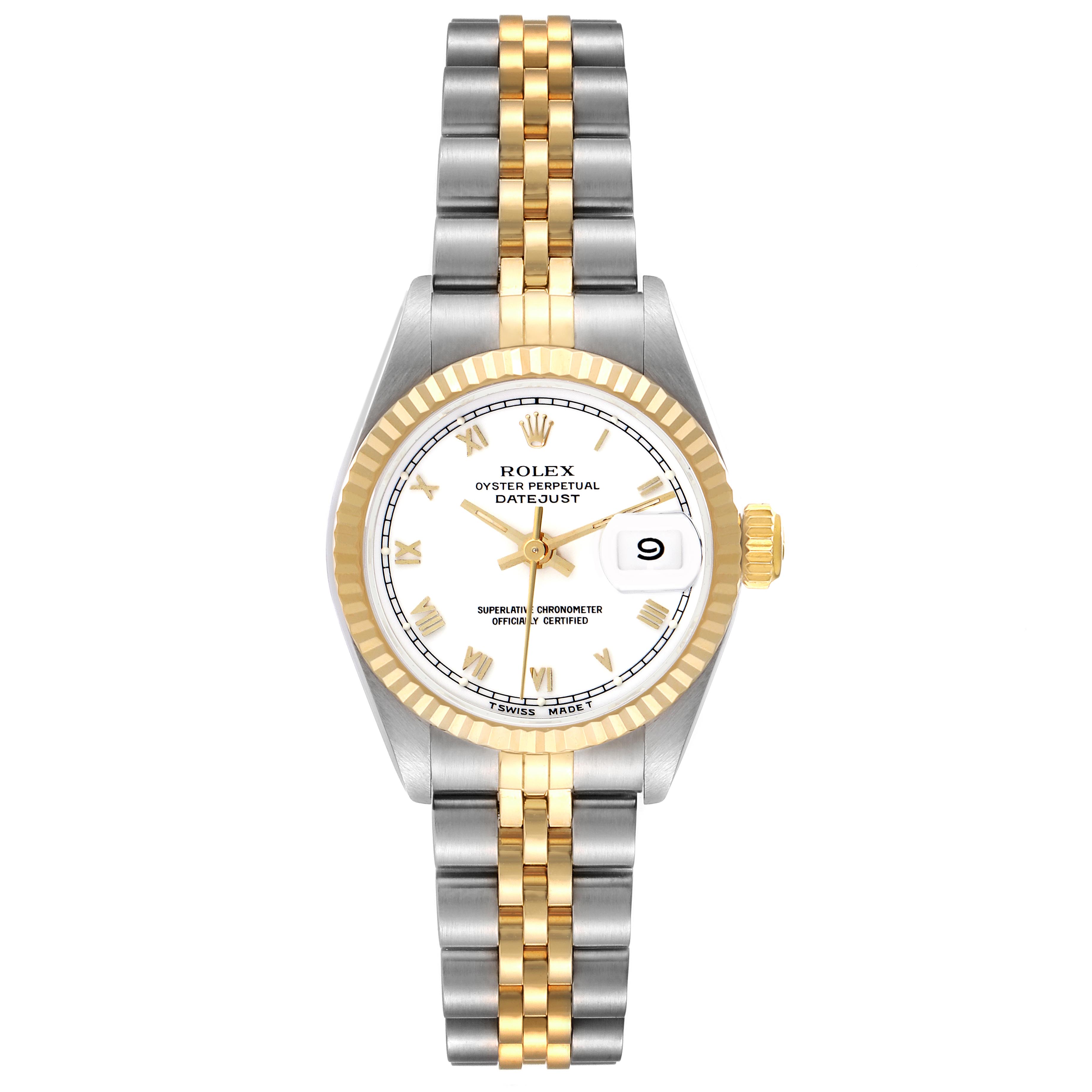 The Rolex Datejust 69173 Women's Steel and Gold (two tone) White Dial 69173 Women's Steel and Gold (two tone) White Dial watch is displayed from a top-down angle, showing the face, fluted bezel, crown, and two-tone bracelet.