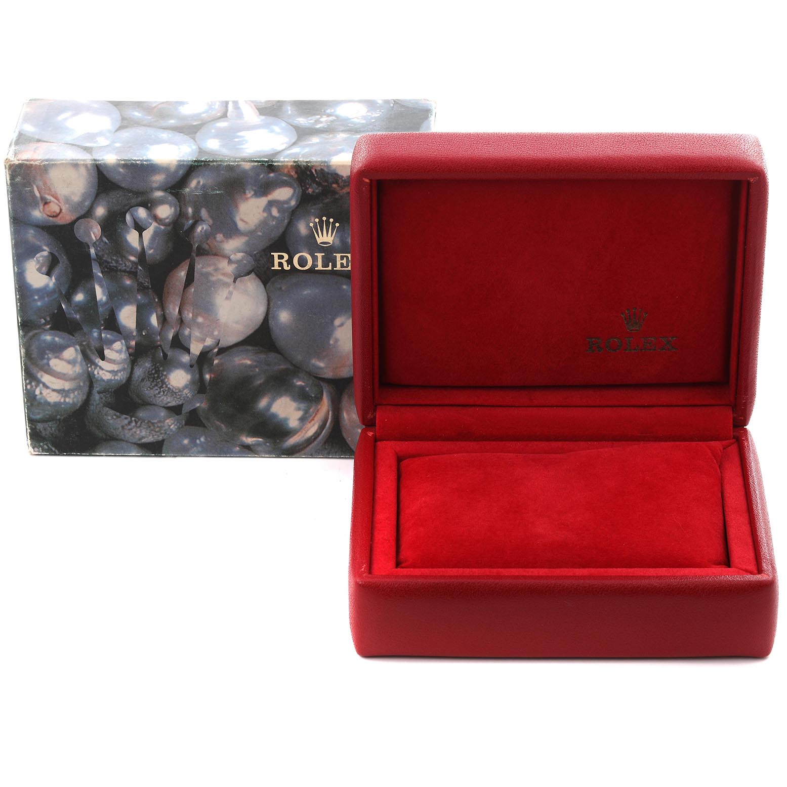 The image shows a Rolex Datejust 69173 Women's Steel and Gold (two tone) White Dial 69173 Women's Steel and Gold (two tone) White Dial watch box and packaging, with emphasis on the red interior and decorative outer box.