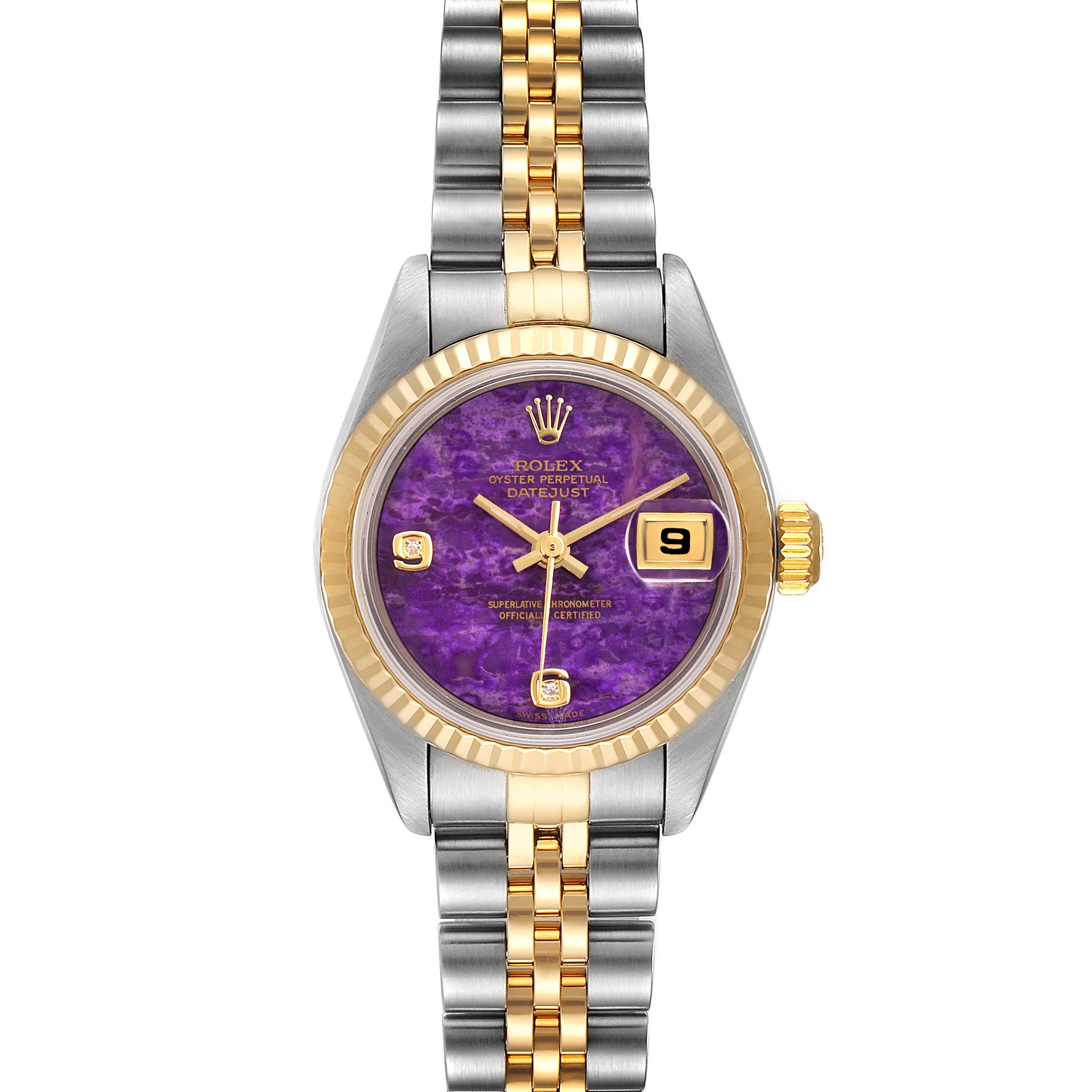 This image shows a front view of a Rolex Datejust 79173 Women's Steel and Gold (two tone) Purple Dial 79173 Women's Steel and Gold (two tone) Purple Dial watch with a purple dial and a two-tone metal bracelet.