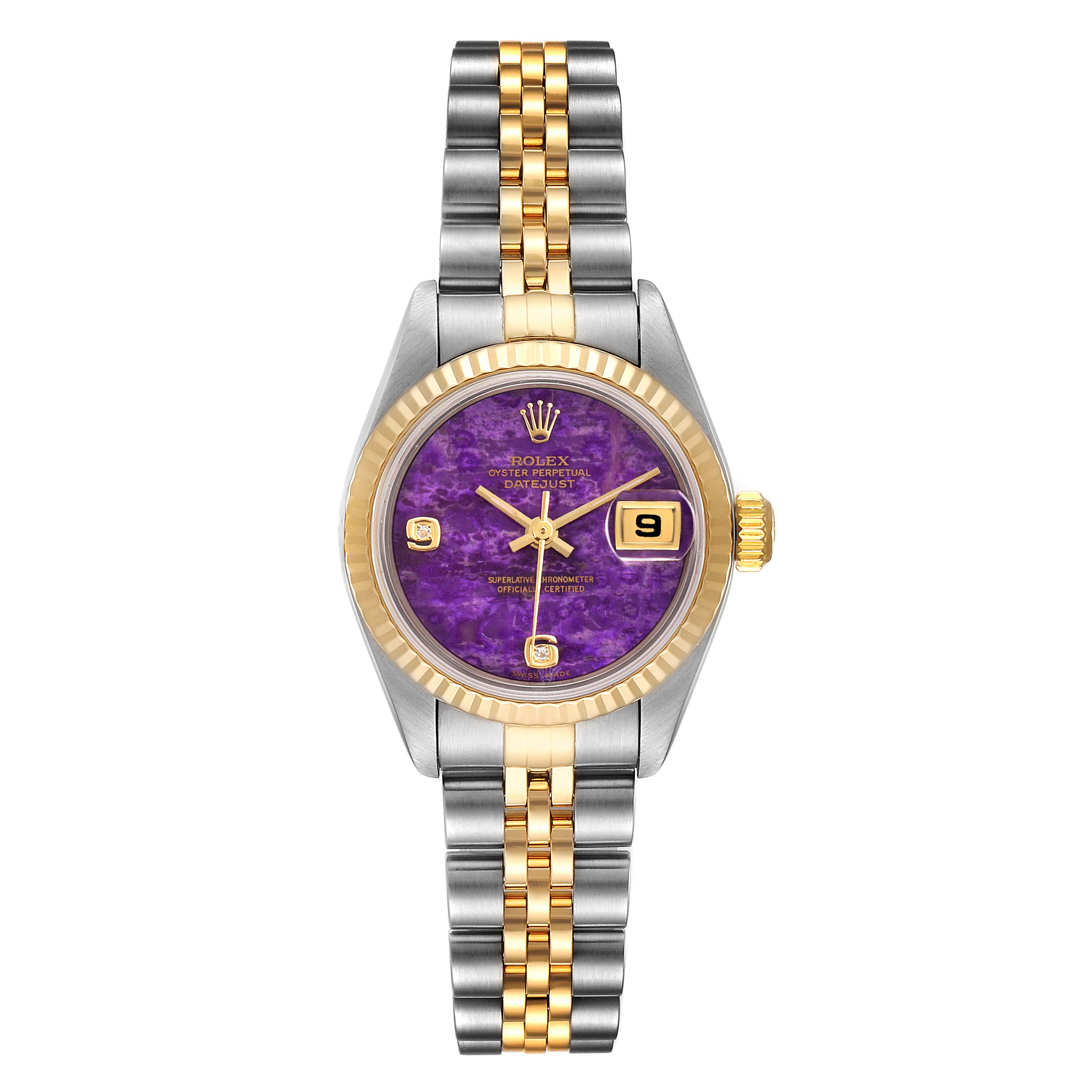 The image shows a front view of a Rolex Datejust 79173 Women's Steel and Gold (two tone) Purple Dial 79173 Women's Steel and Gold (two tone) Purple Dial watch, showcasing its purple dial, bi-color bracelet, and fluted bezel.