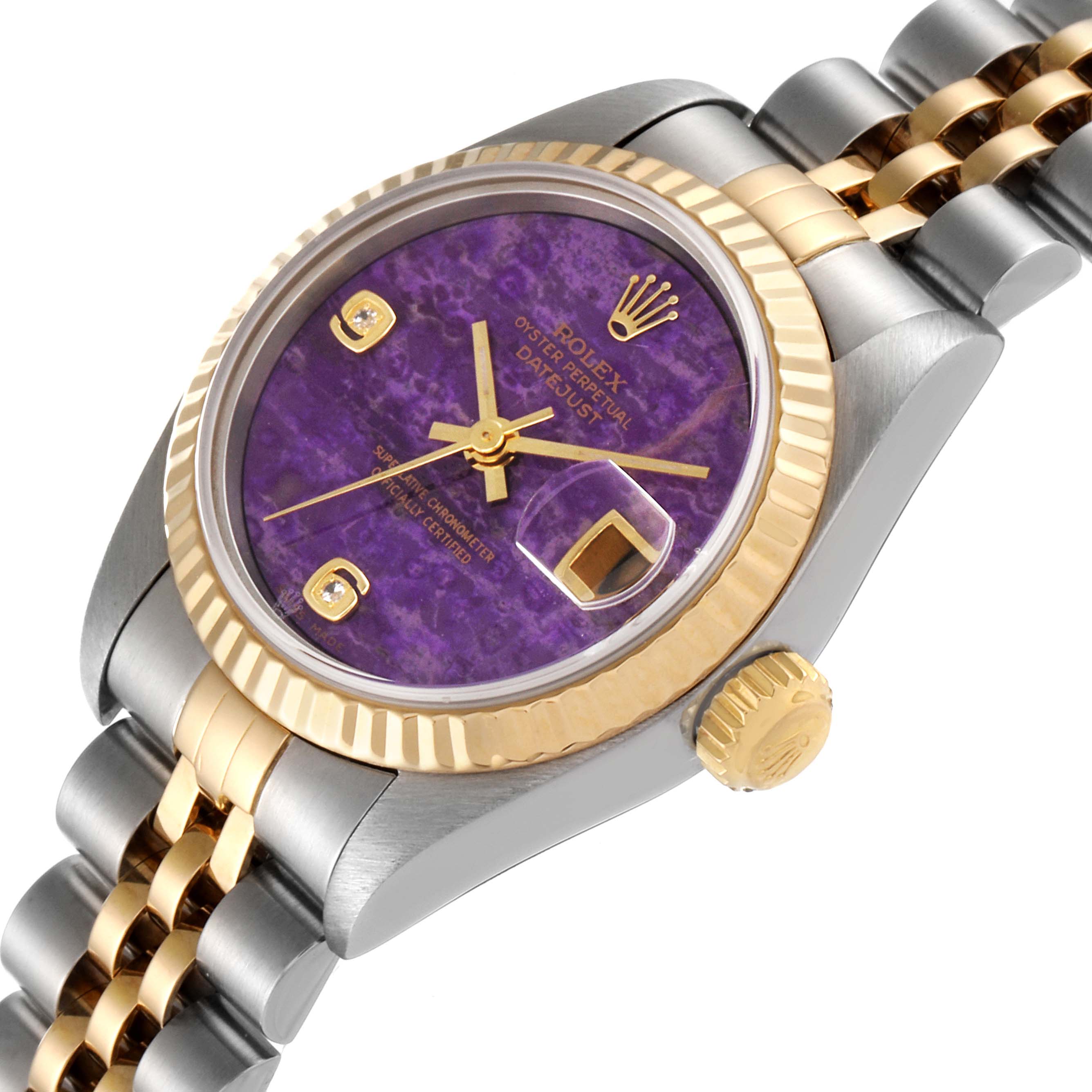 This Rolex Datejust 79173 Women's Steel and Gold (two tone) Purple Dial 79173 Women's Steel and Gold (two tone) Purple Dial watch is shown from an angled perspective, highlighting the purple dial, gold fluted bezel, and two-tone bracelet and crown.
