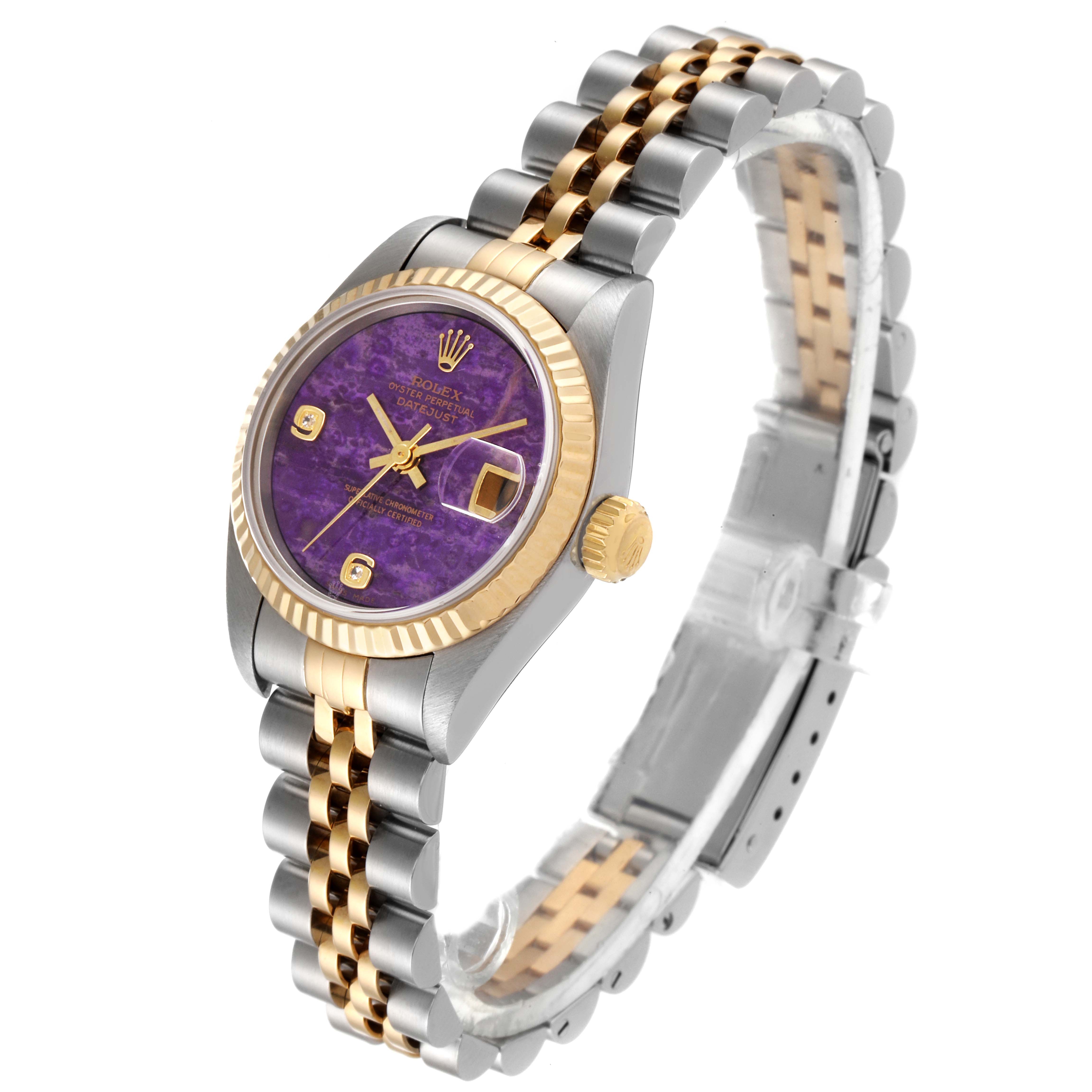 This image shows a side angle of a Rolex Datejust 79173 Women's Steel and Gold (two tone) Purple Dial 79173 Women's Steel and Gold (two tone) Purple Dial watch, highlighting its two-tone bracelet and purple dial.