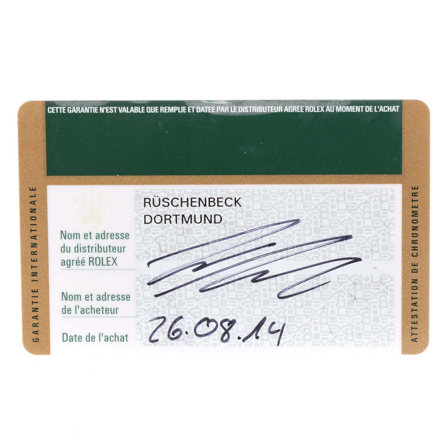 This image shows the International Warranty card for a Rolex President 218238 Men's Yellow Gold Black Dial 218238 Men's Yellow Gold Black Dial model watch.