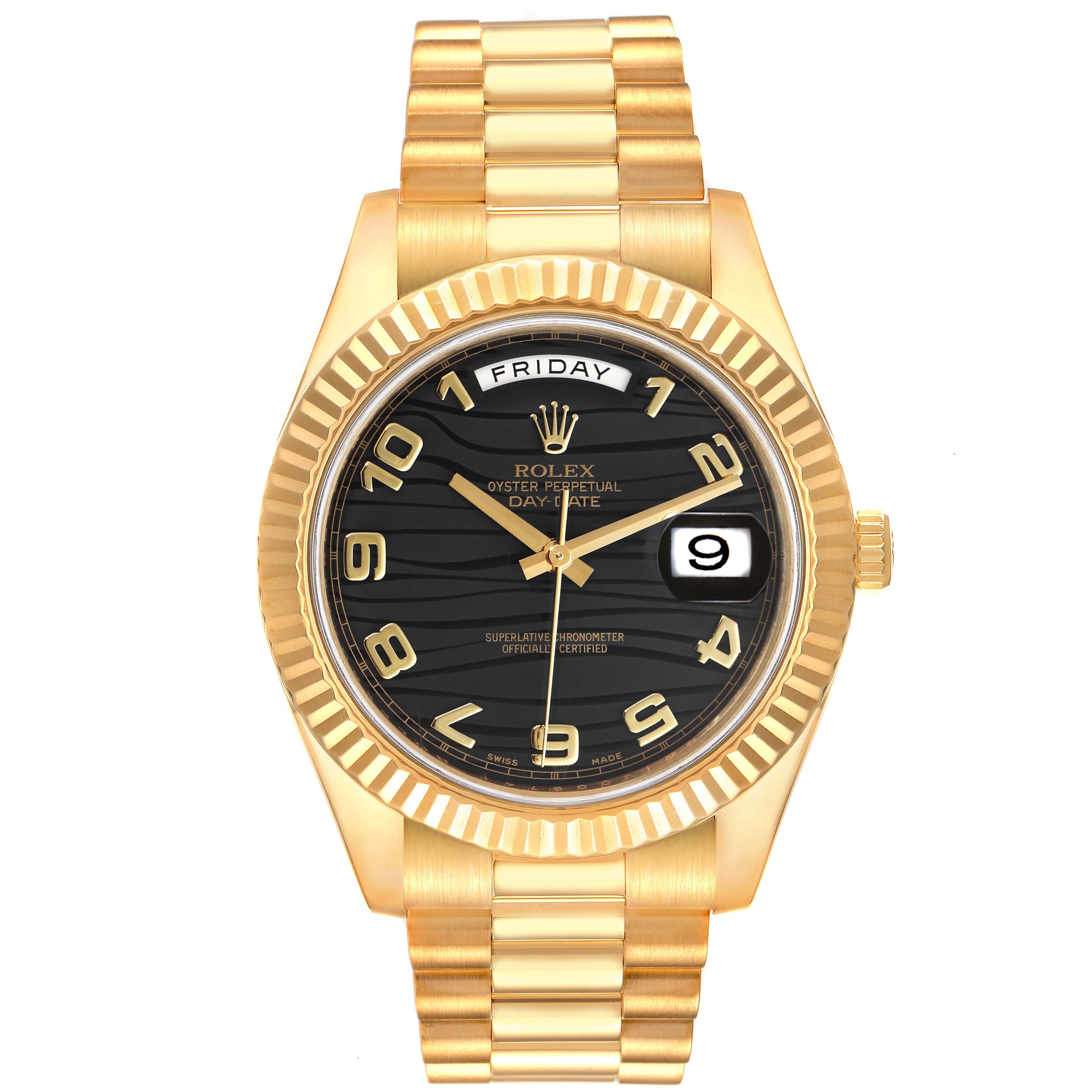 The image shows a front view of a Rolex President 218238 Men's Yellow Gold Black Dial 218238 Men's Yellow Gold Black Dial model watch, highlighting its gold case, bracelet, and black dial with day and date features.