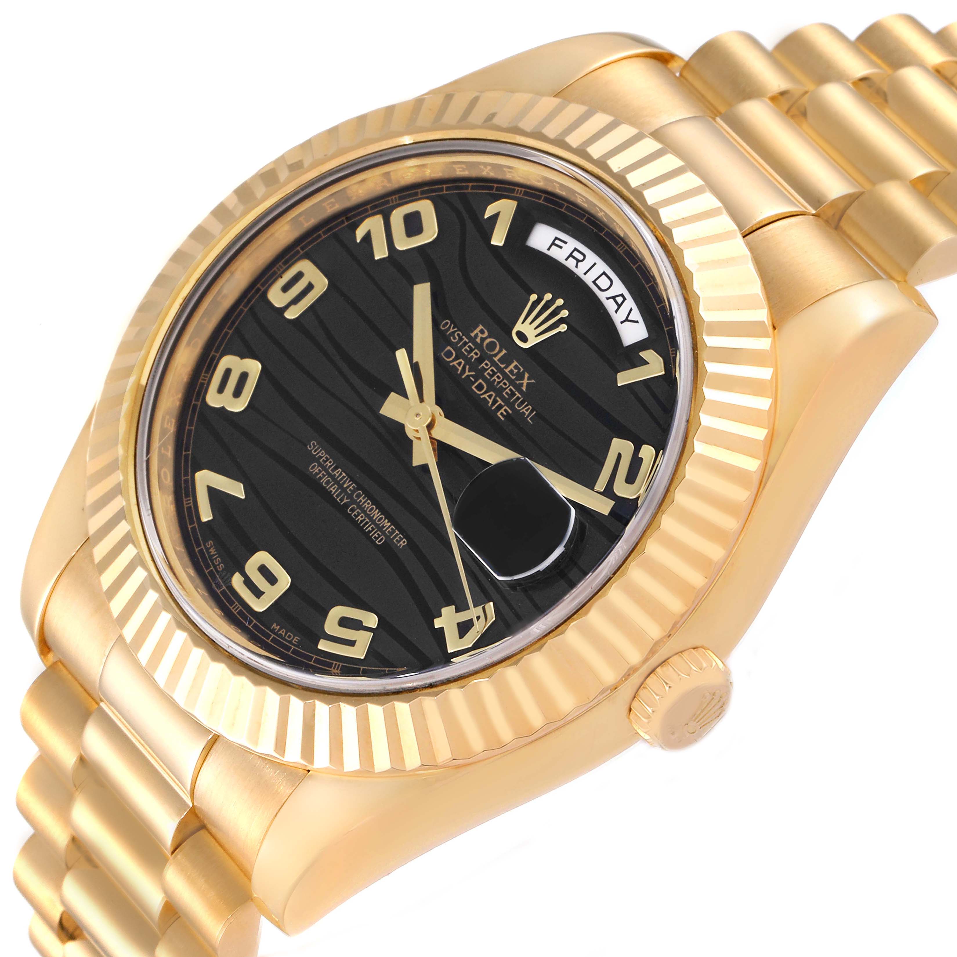 This image shows a Rolex President 218238 Men's Yellow Gold Black Dial 218238 Men's Yellow Gold Black Dial model watch from an angle displaying its gold case, black dial, and day/date indicators.