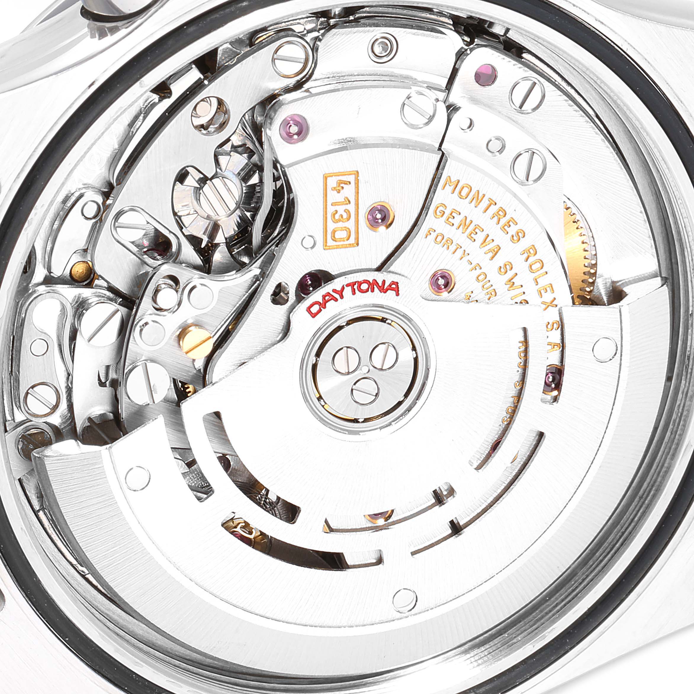 This image shows a close-up view of the movement of a Rolex Daytona 116520 Men's Stainless Steel Black Dial 116520 Men's Stainless Steel Black Dial watch, highlighting the intricate internal mechanisms.