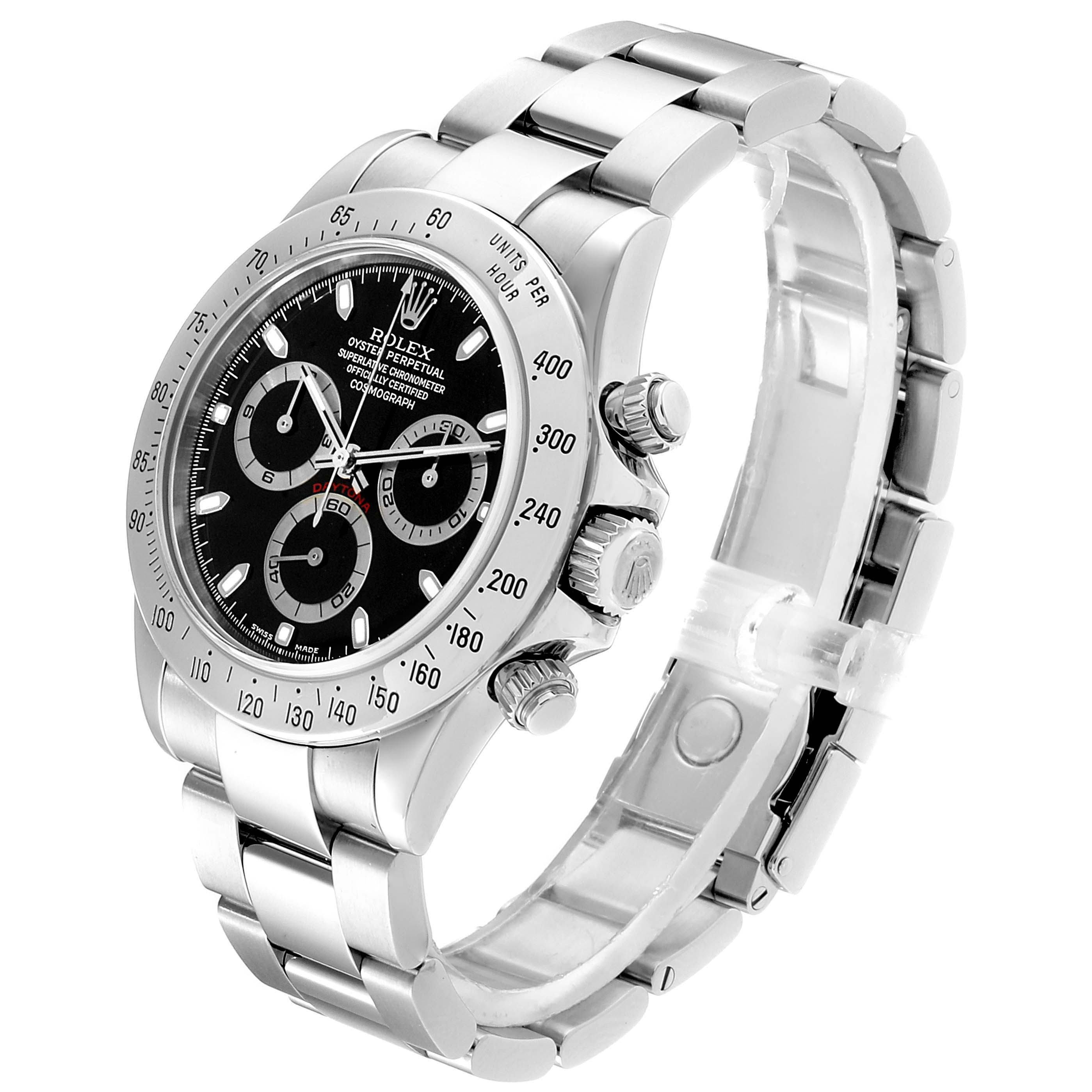 This image shows a side and front angle of a Rolex Daytona 116520 Men's Stainless Steel Black Dial 116520 Men's Stainless Steel Black Dial watch, highlighting its bezel, dial, pushers, and bracelet.