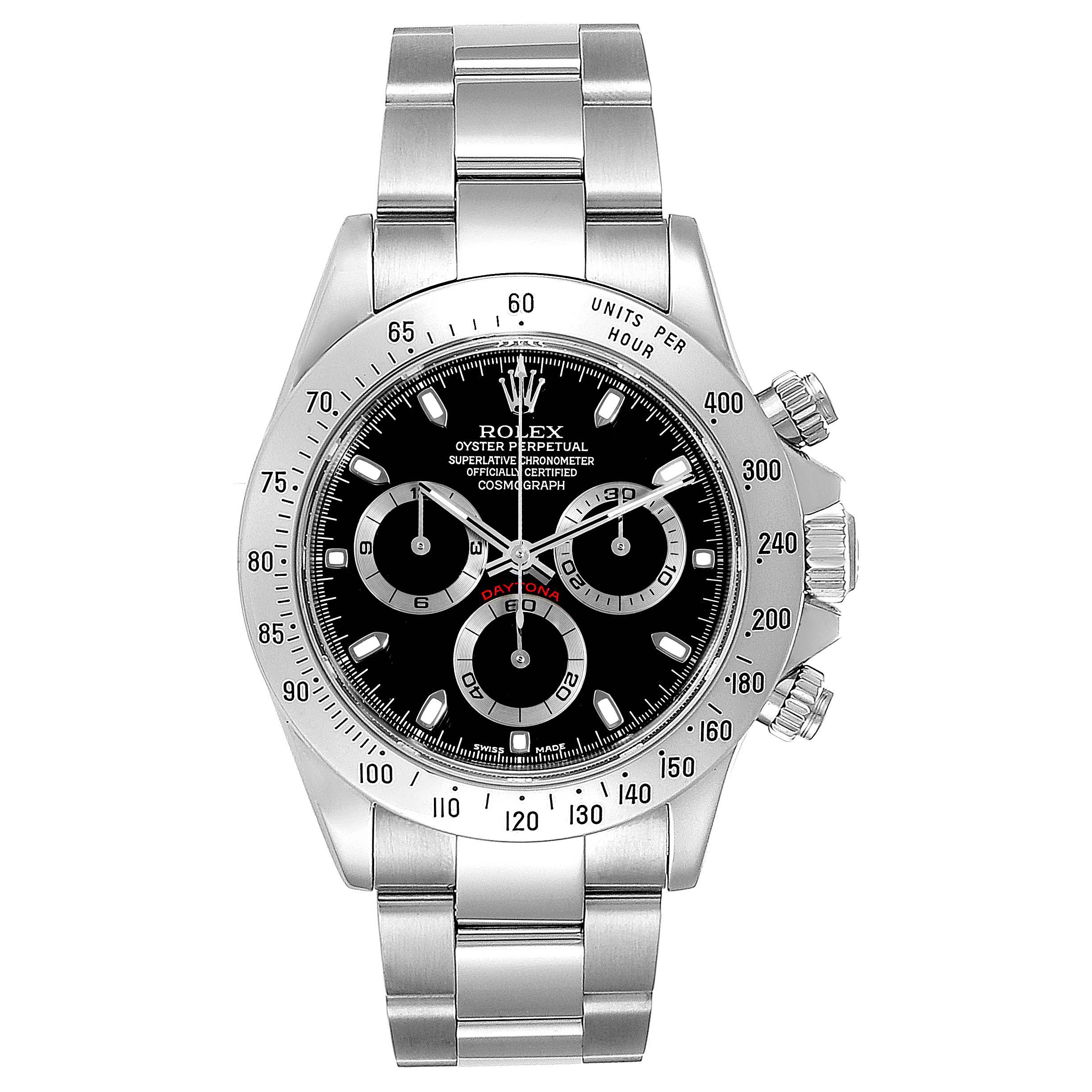 The Rolex Daytona 116520 Men's Stainless Steel Black Dial 116520 Men's Stainless Steel Black Dial watch is shown from a top-down angle, highlighting its face, dial, bezel, and bracelet.