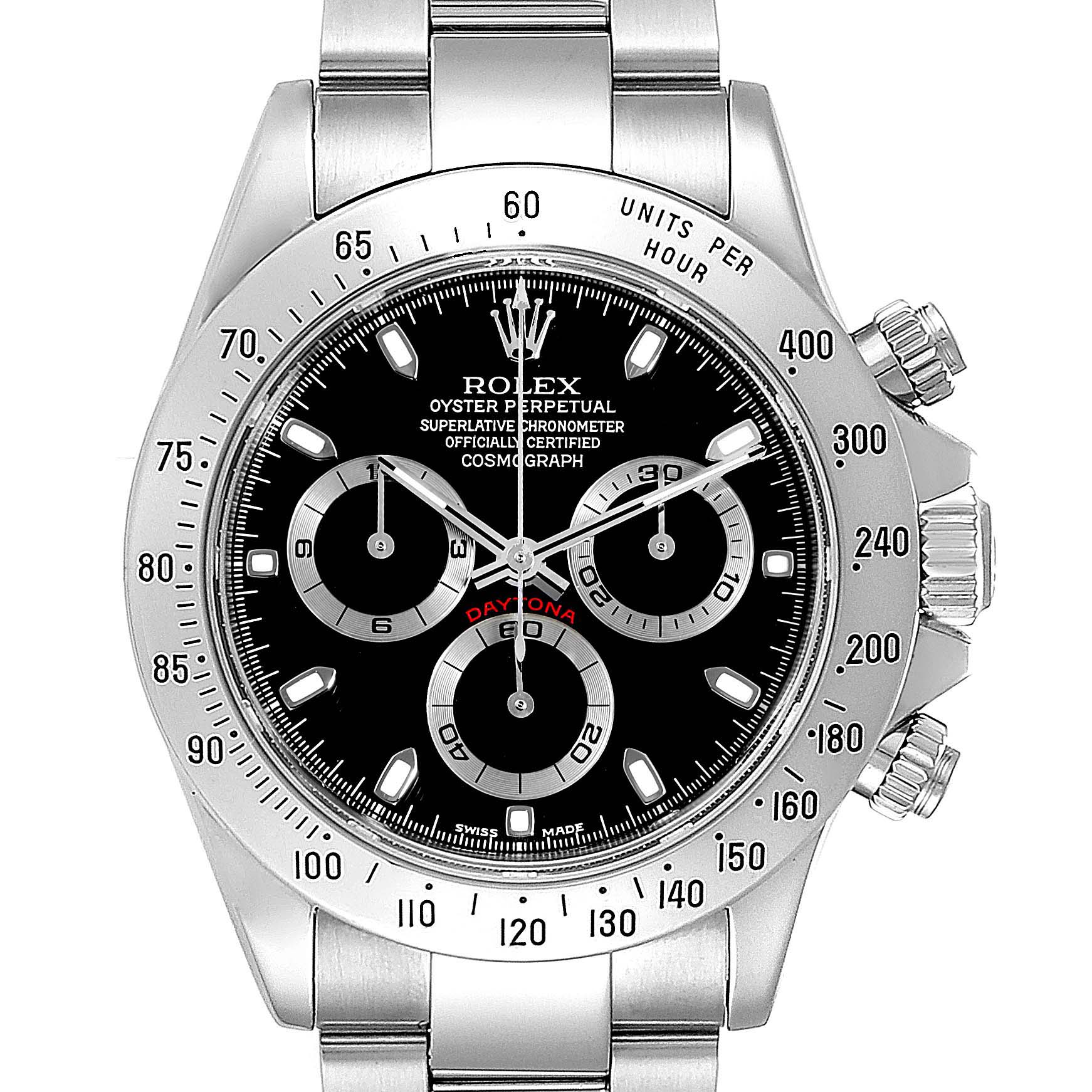 This image shows a front view of a Rolex Daytona 116520 Men's Stainless Steel Black Dial 116520 Men's Stainless Steel Black Dial watch, displaying its face, bezel, and part of the bracelet.