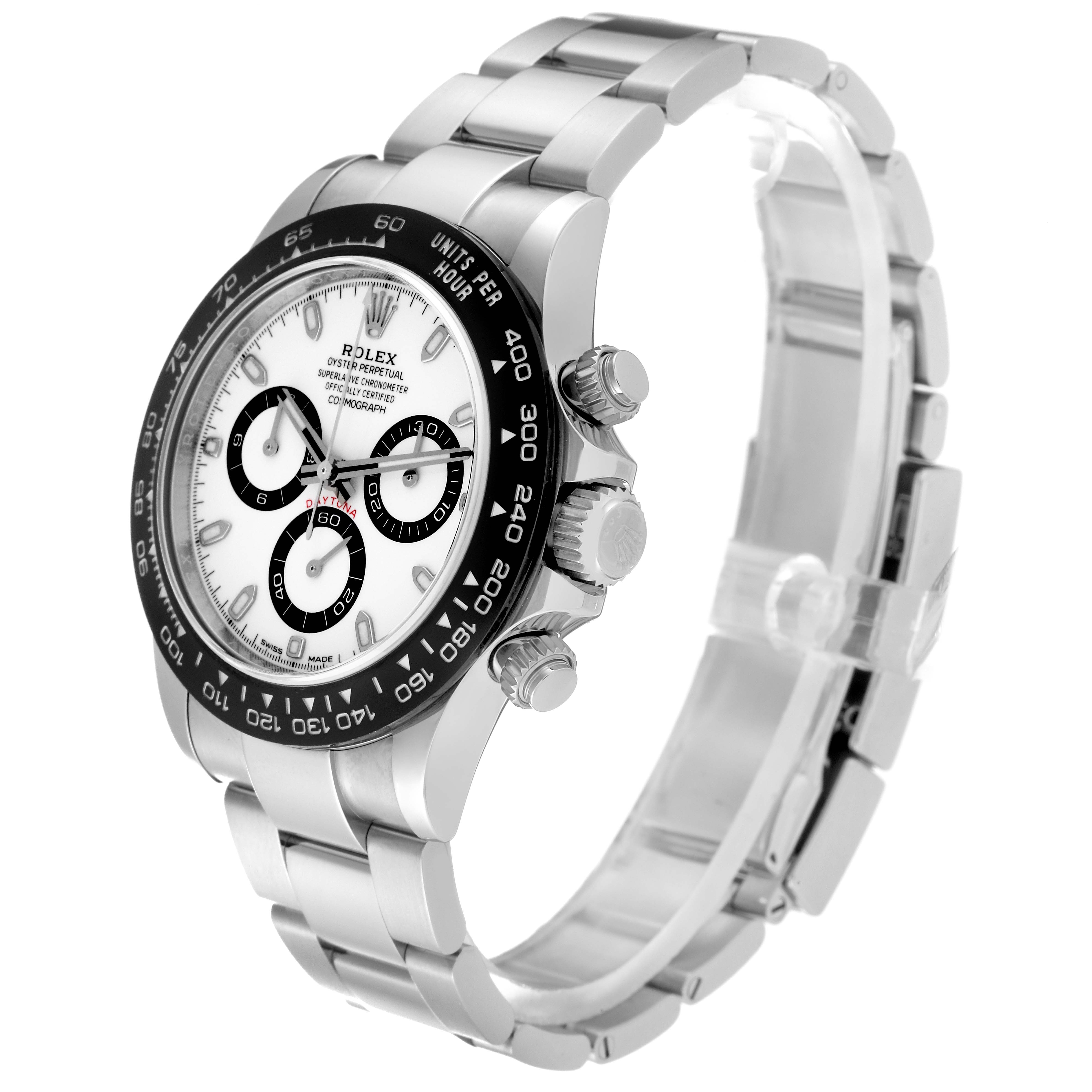 The image shows a side view of a Rolex Daytona 116500 Men's Stainless Steel White Dial 116500 Men's Stainless Steel White Dial watch, highlighting its dial, bracelet, bezel, and chronograph pushers.