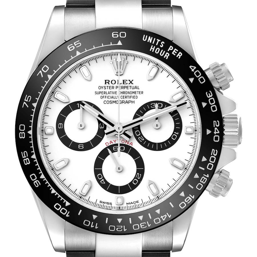 This is a front view of the Rolex Daytona watch, showing the dial, bezel, chronograph sub-dials, and crown.