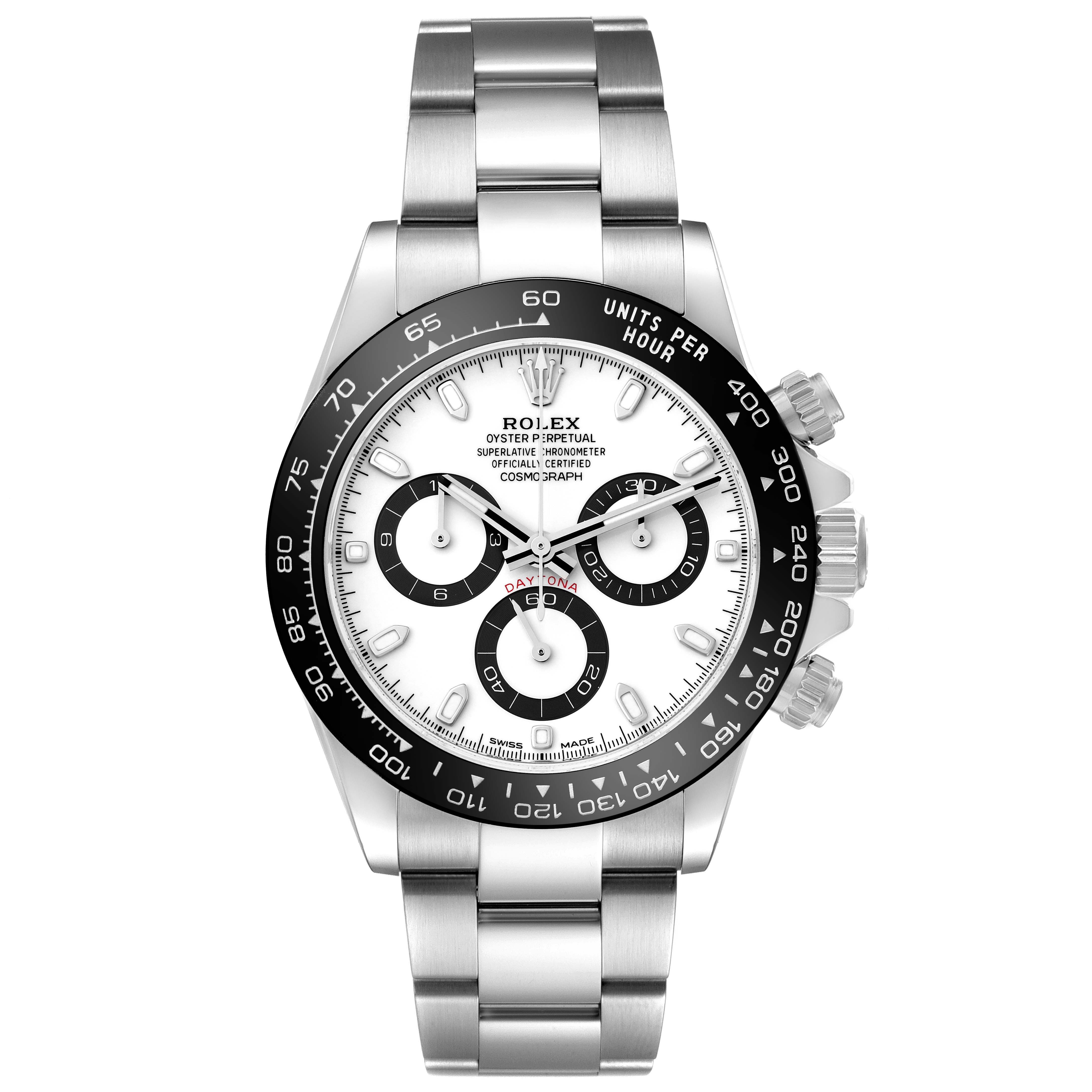 The Rolex Daytona 116500 Men's Stainless Steel White Dial 116500 Men's Stainless Steel White Dial watch is shown from a front angle, displaying its face, bezel, and bracelet.