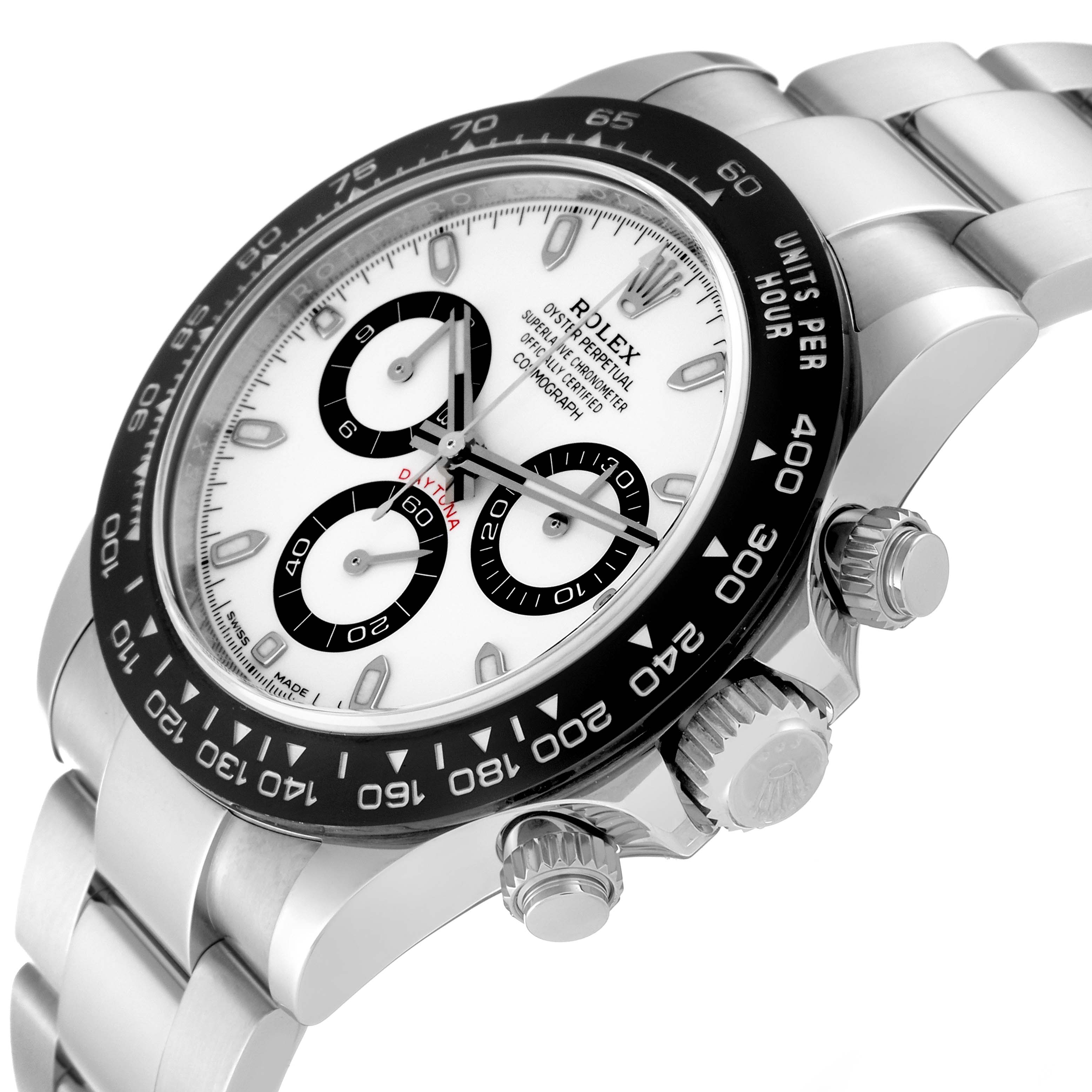 The image shows a close-up view of the Rolex Daytona 116500 Men's Stainless Steel White Dial 116500 Men's Stainless Steel White Dial watch displaying the face, bezel, and part of the bracelet at an angle.