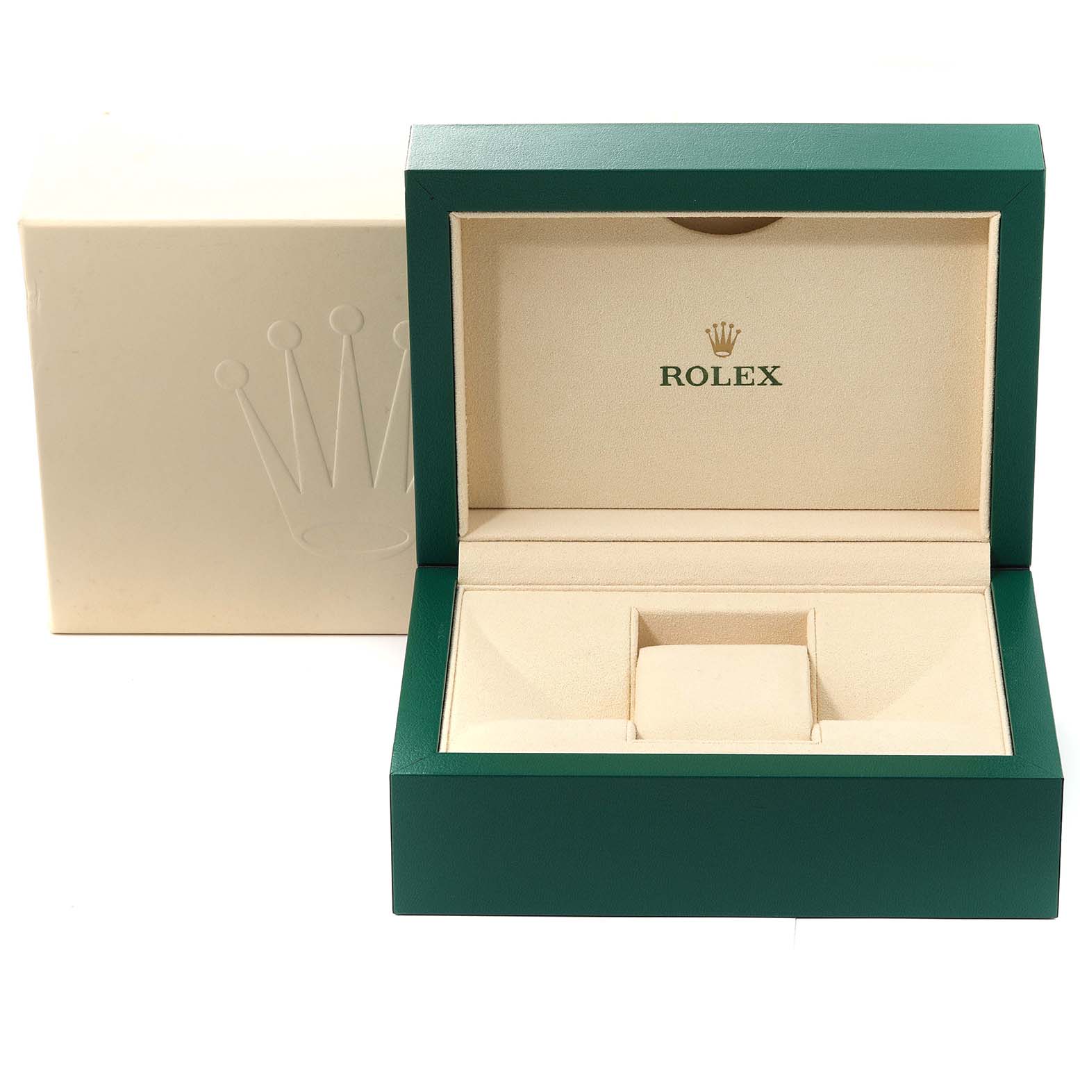 This image shows an open Rolex Daytona 116500 Men's Stainless Steel White Dial 116500 Men's Stainless Steel White Dial watch box, highlighting the interior cushion and exterior branded packaging.