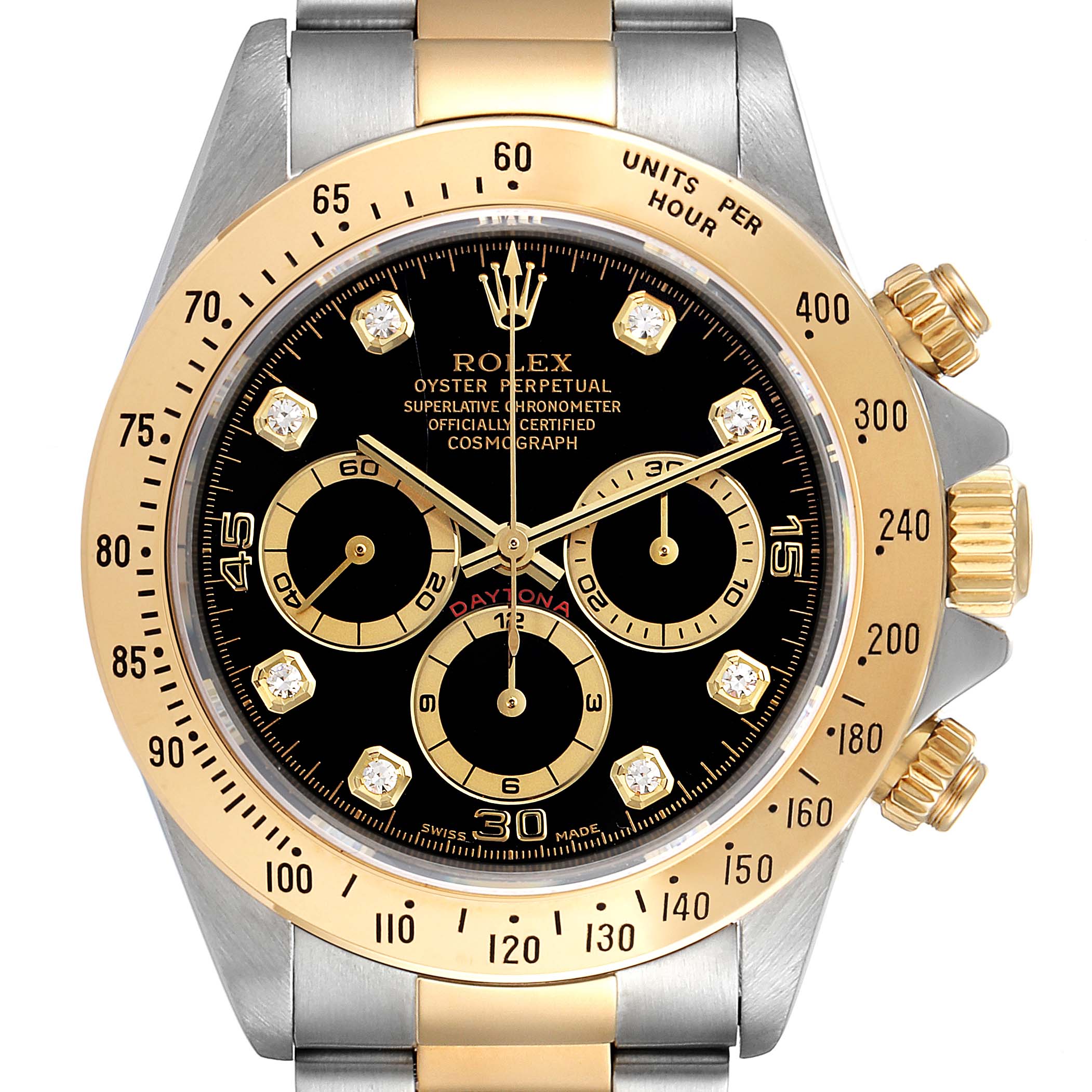 This image shows a front view of a Rolex Daytona 16523 Men's Steel and Gold (two tone) Black Dial 16523 Men's Steel and Gold (two tone) Black Dial watch, highlighting the dial, bezel, sub-dials, and crown.