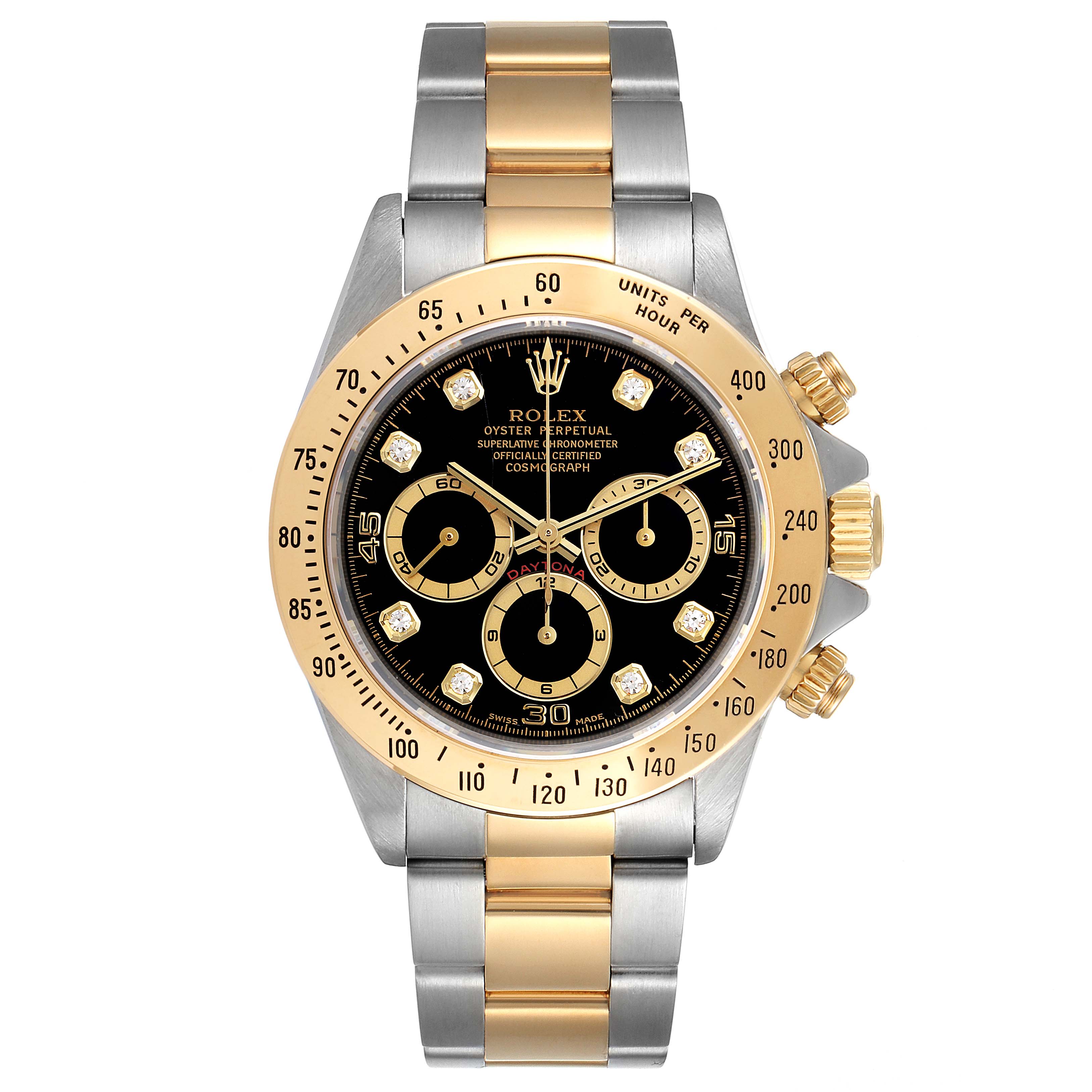 The Rolex Daytona 16523 Men's Steel and Gold (two tone) Black Dial 16523 Men's Steel and Gold (two tone) Black Dial watch is shown from the front, revealing its dial, bezel, and two-tone bracelet.