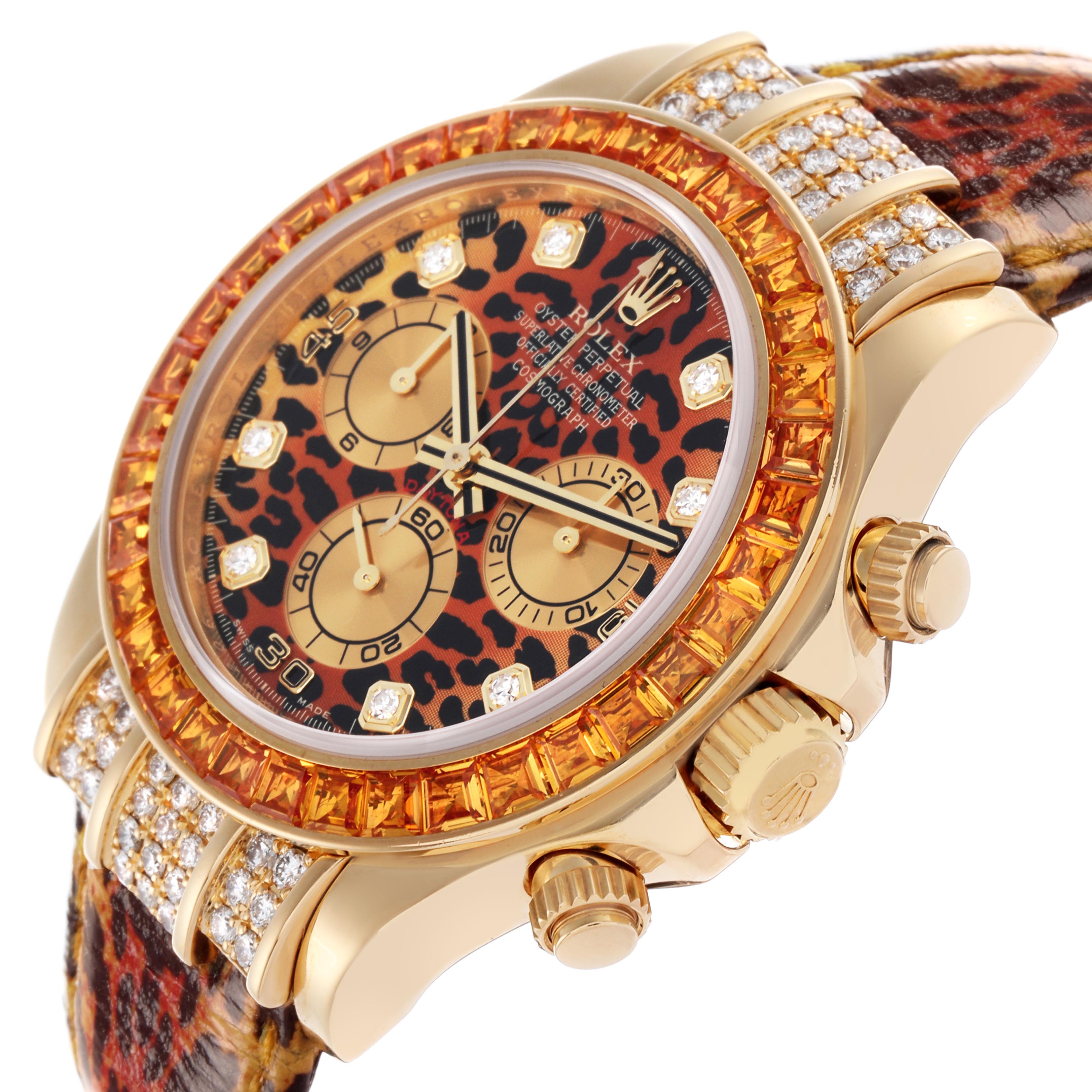 The Rolex Daytona 116598 Men's Yellow Gold Orange Dial 116598 Men's Yellow Gold Orange Dial watch is shown at a side angle, featuring a leopard print dial, orange gemstone bezel, and diamond accents on the band.