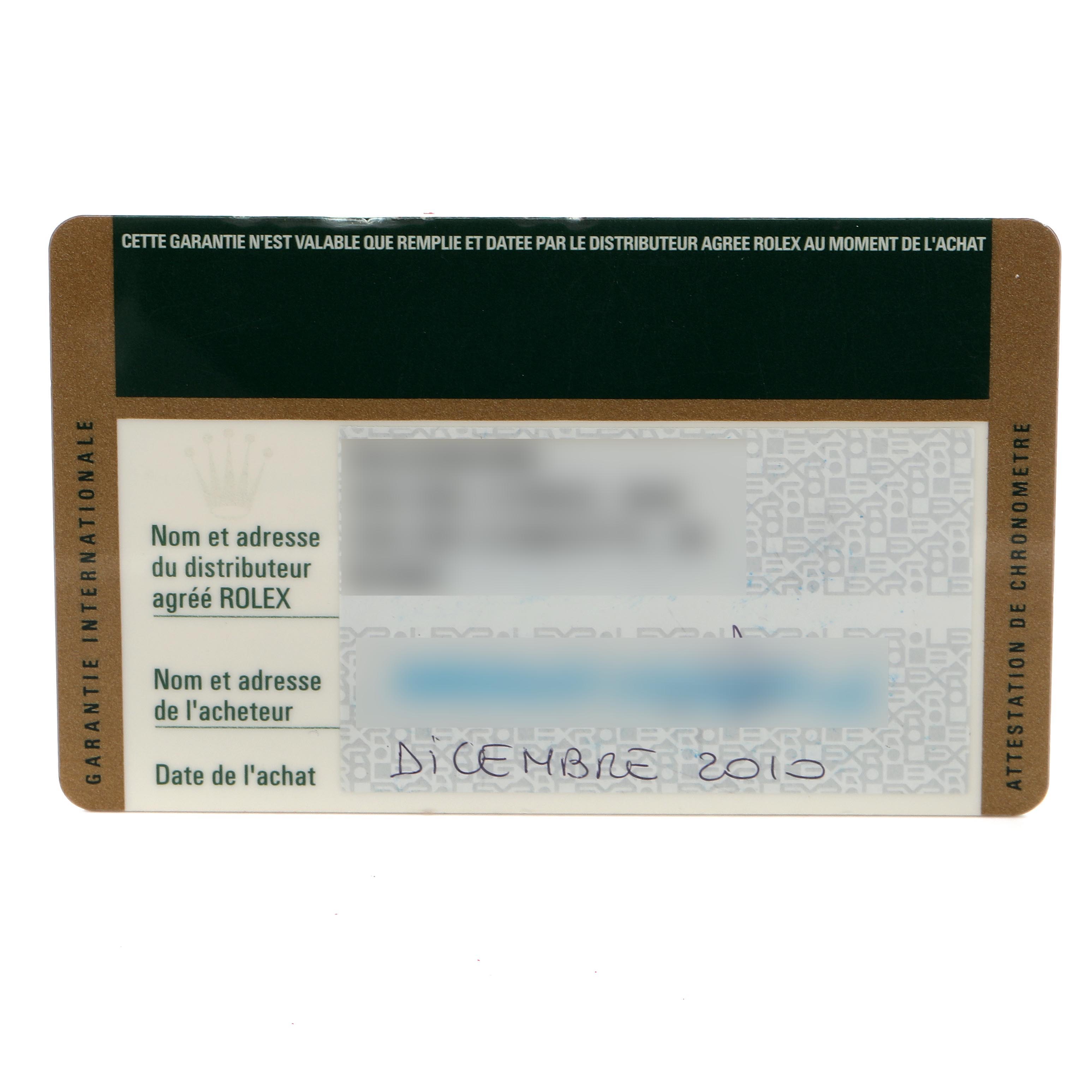 This image shows a warranty card for a Rolex Daytona 116598 Men's Yellow Gold Orange Dial 116598 Men's Yellow Gold Orange Dial watch, displaying text fields for distributor and buyer information.