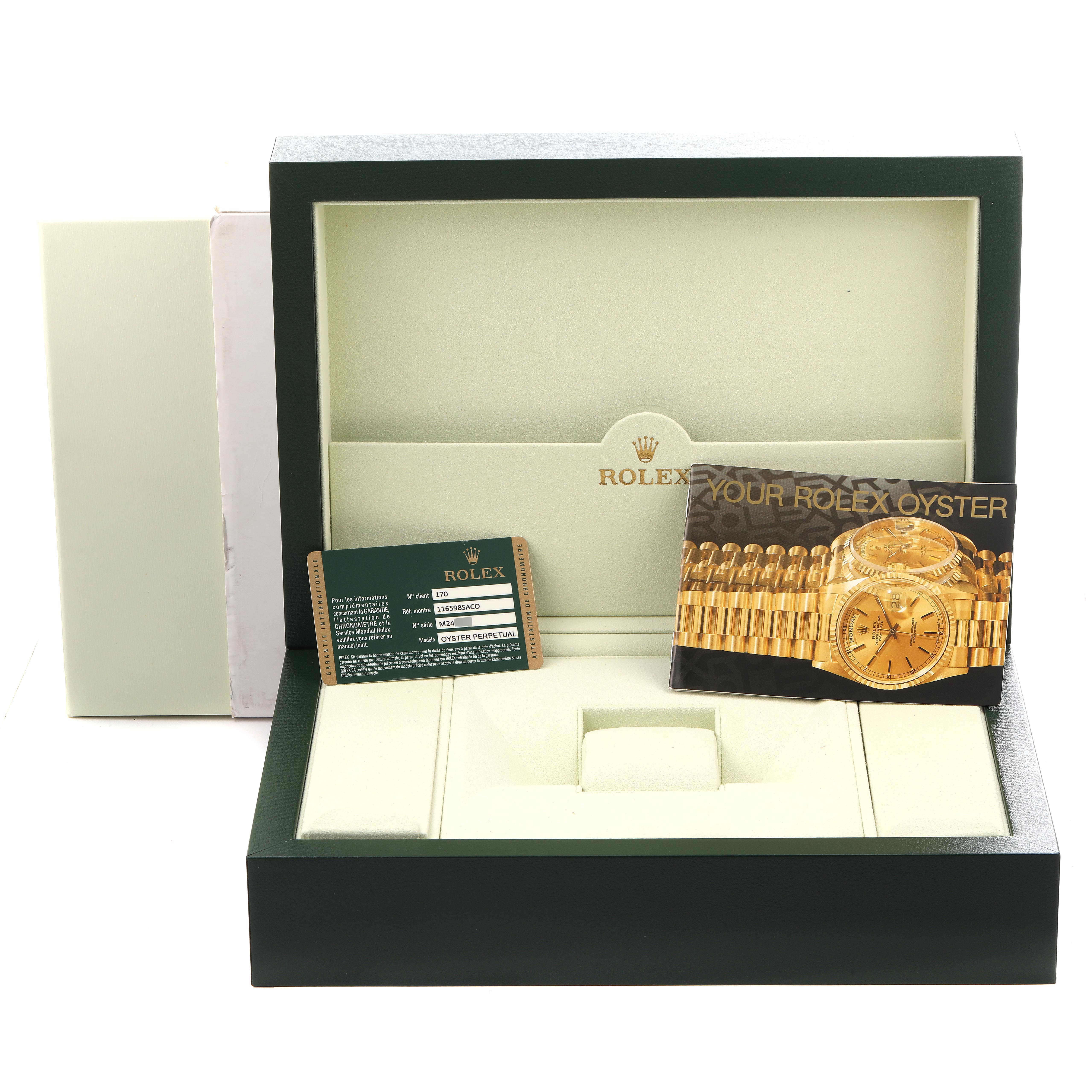 The image shows the packaging, warranty card, and booklet for a Rolex Daytona 116598 Men's Yellow Gold Orange Dial 116598 Men's Yellow Gold Orange Dial watch.