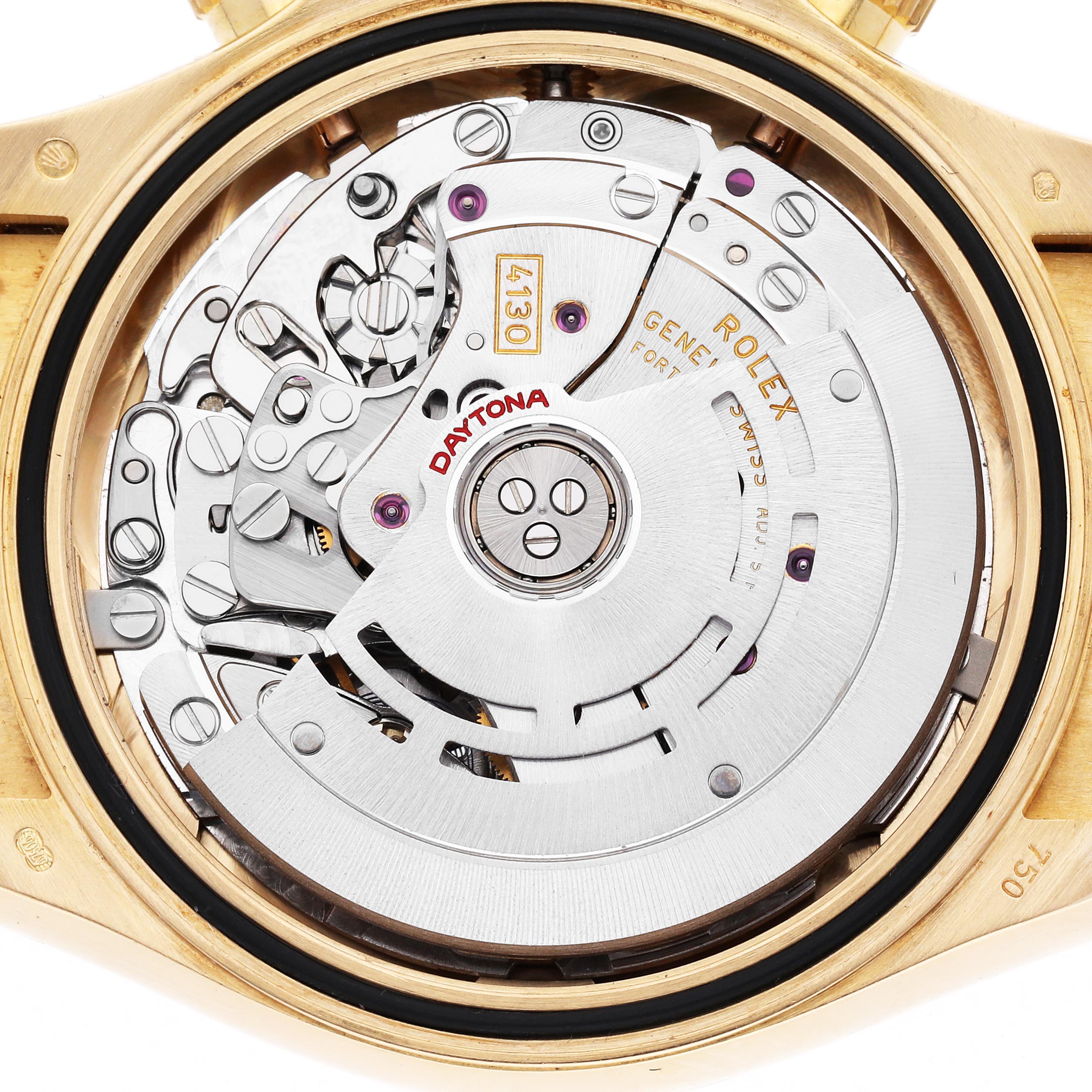 The image shows the back view of a Rolex Daytona 116598 Men's Yellow Gold Orange Dial 116598 Men's Yellow Gold Orange Dial, displaying its intricate movement and rotor.