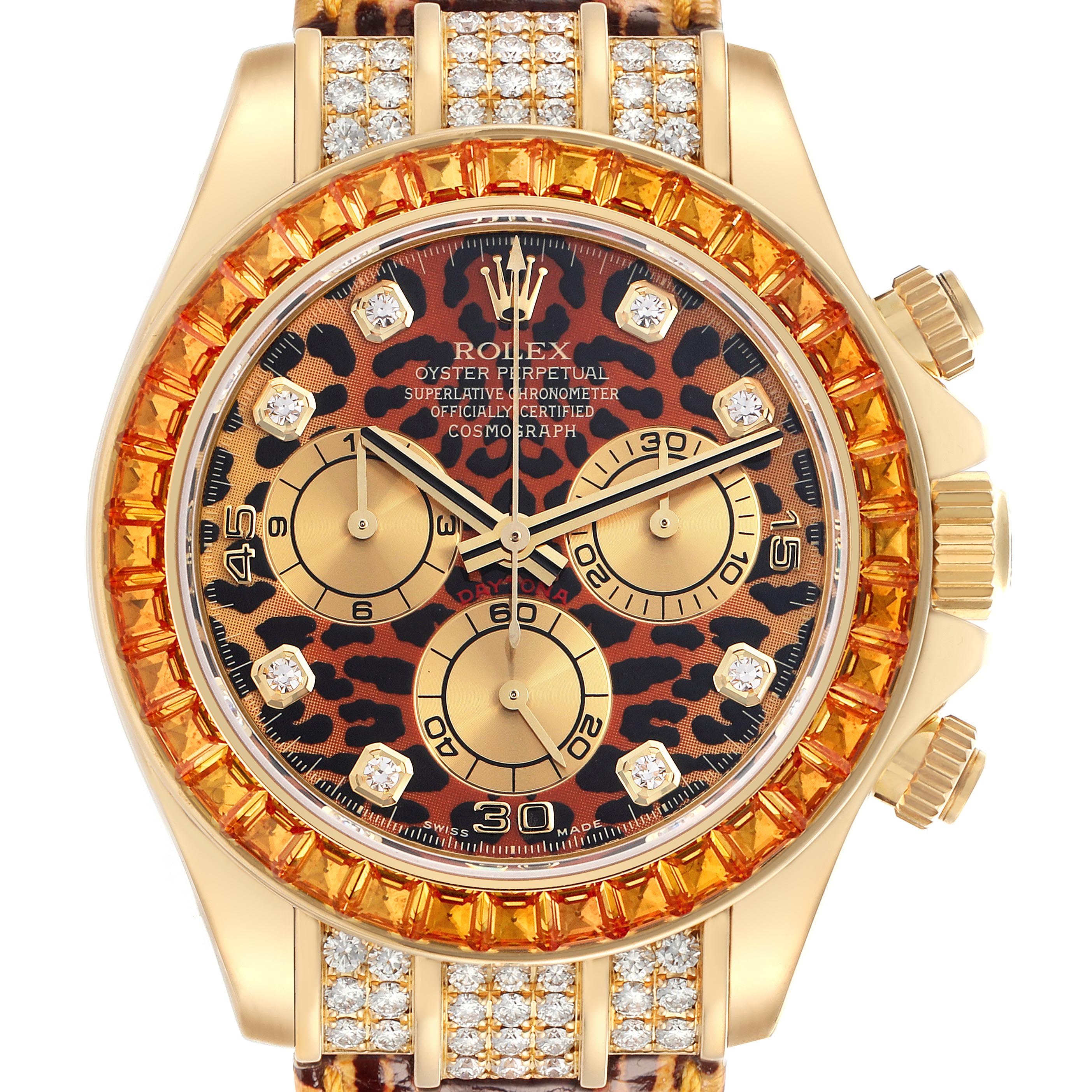 The Rolex Daytona 116598 Men's Yellow Gold Orange Dial 116598 Men's Yellow Gold Orange Dial watch is shown from the front, highlighting the dial, bezel, crown, and part of the bracelet.