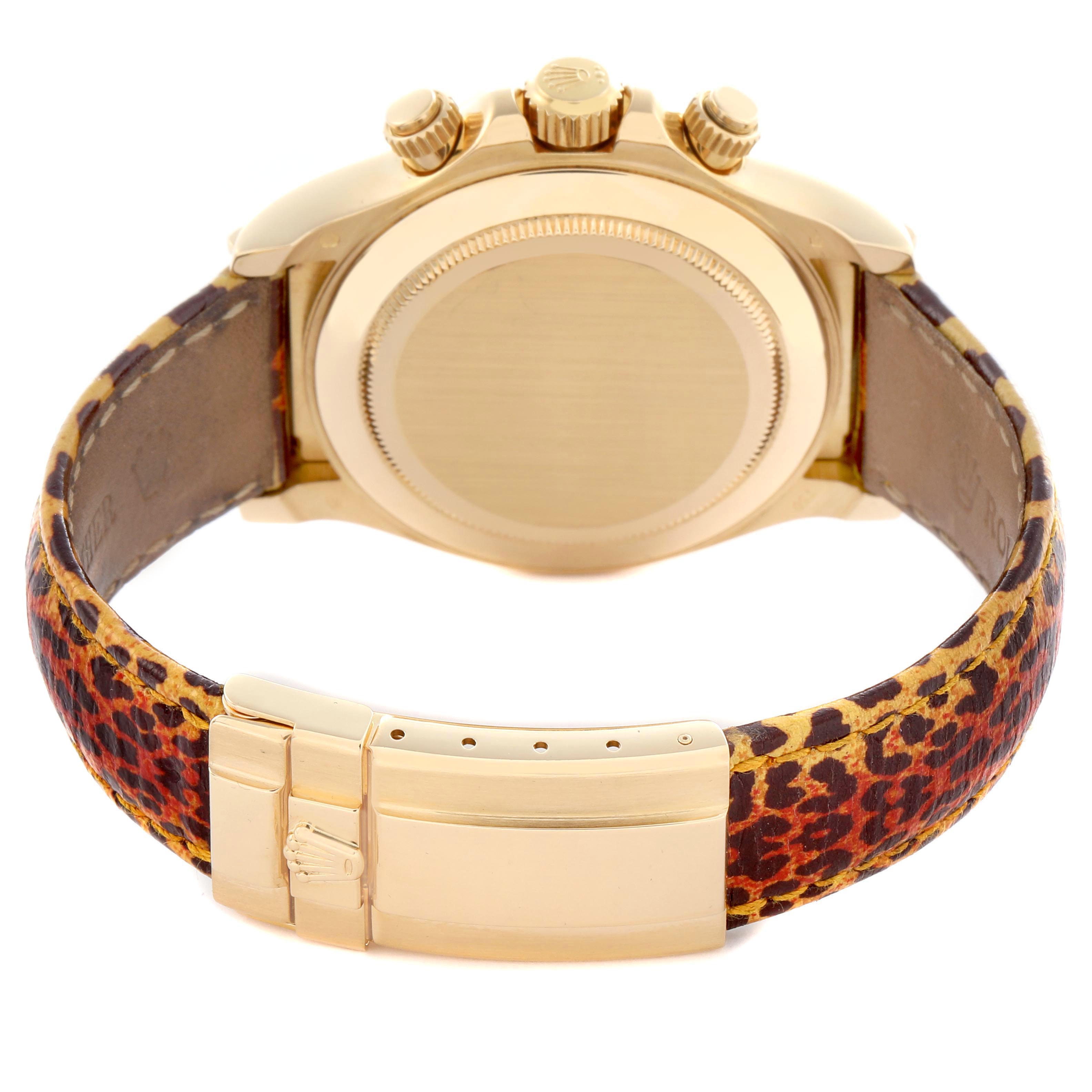 The image shows the back of a Rolex Daytona 116598 Men's Yellow Gold Orange Dial 116598 Men's Yellow Gold Orange Dial watch featuring a gold case and a leopard print strap.