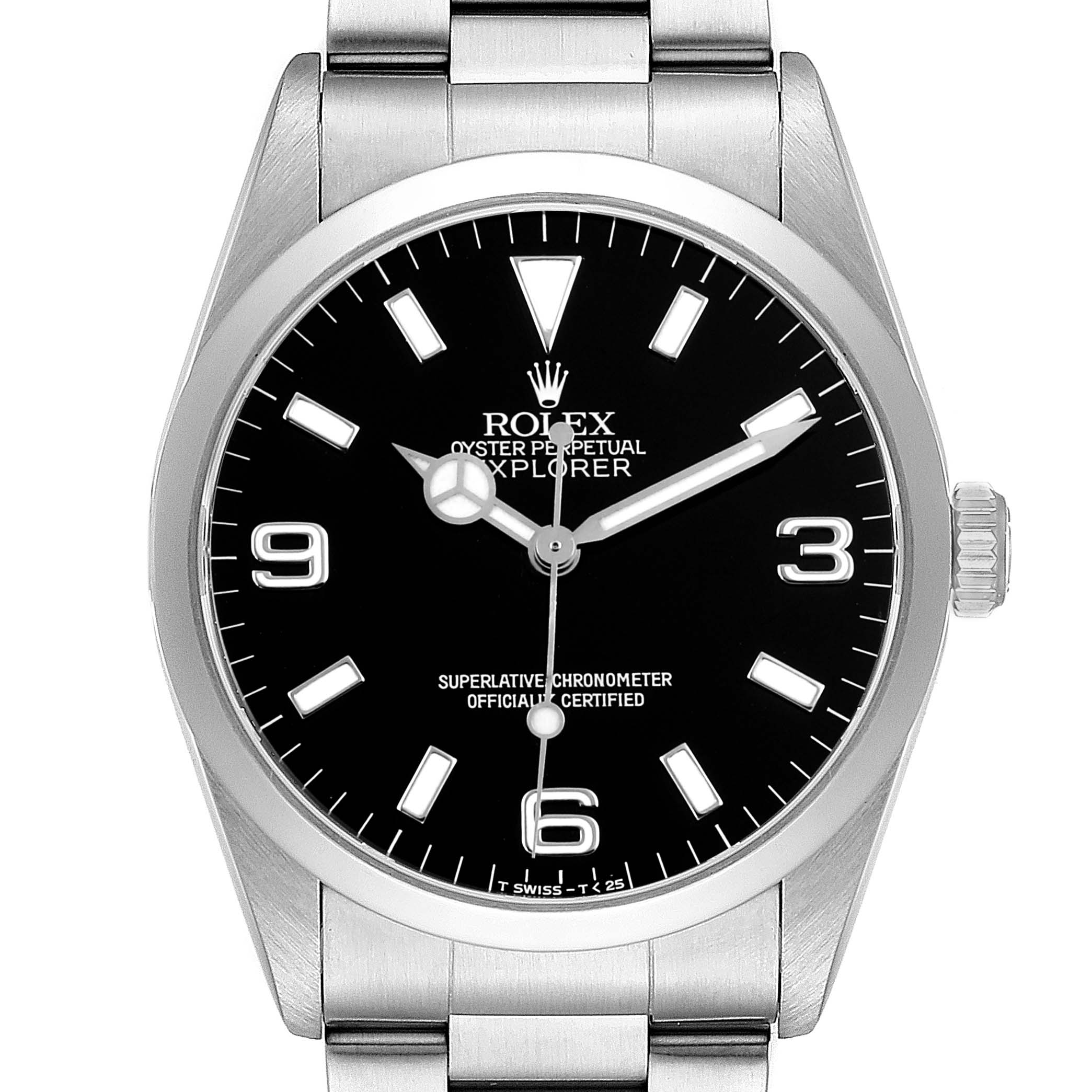 The Rolex Explorer 14270 Men's Stainless Steel Black Dial watch is shown from a front angle, displaying the face, bezel, crown, and part of the bracelet.