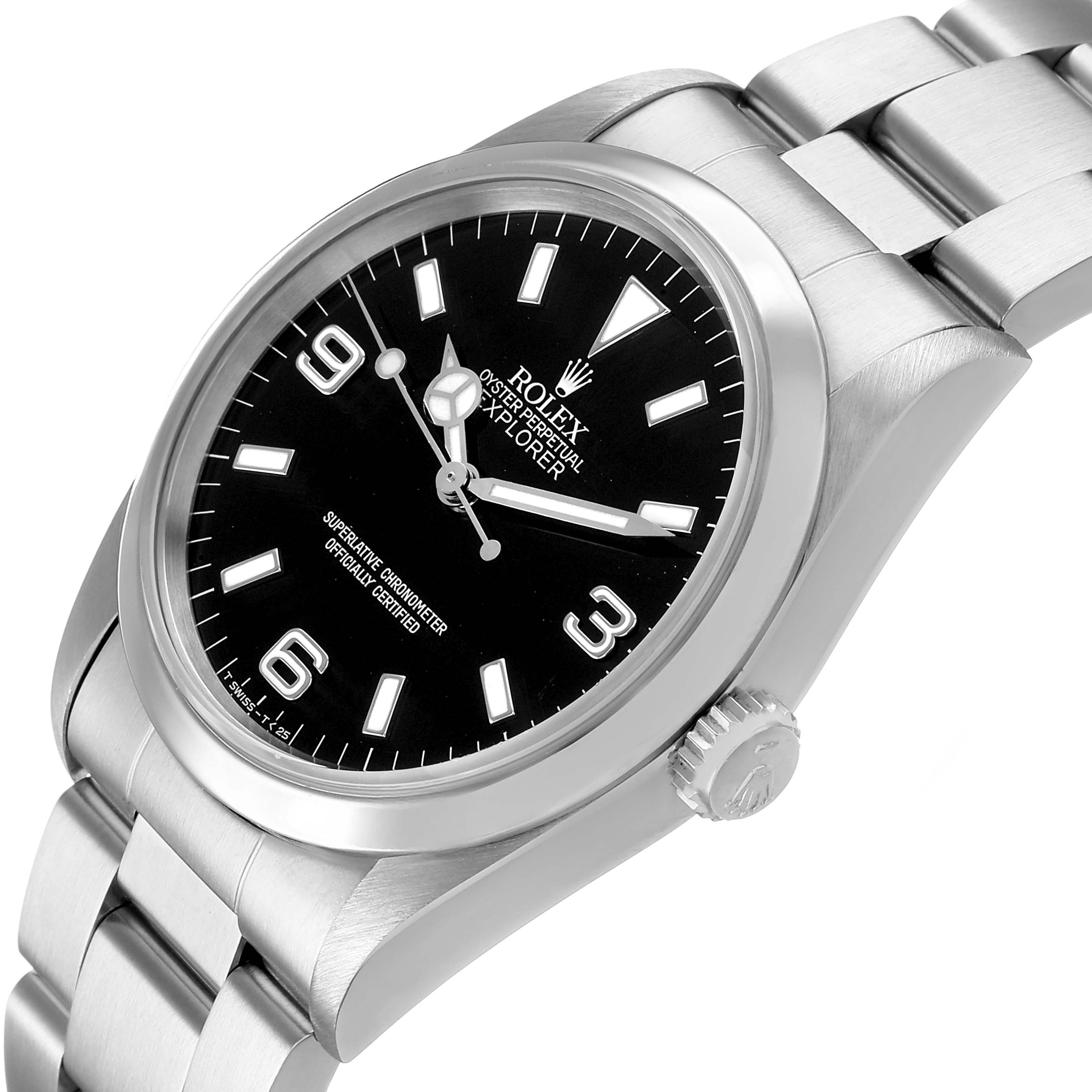 The Rolex Explorer 14270 Men's Stainless Steel Black Dial watch is shown from a side angle, highlighting the dial, crown, and part of the metal bracelet.