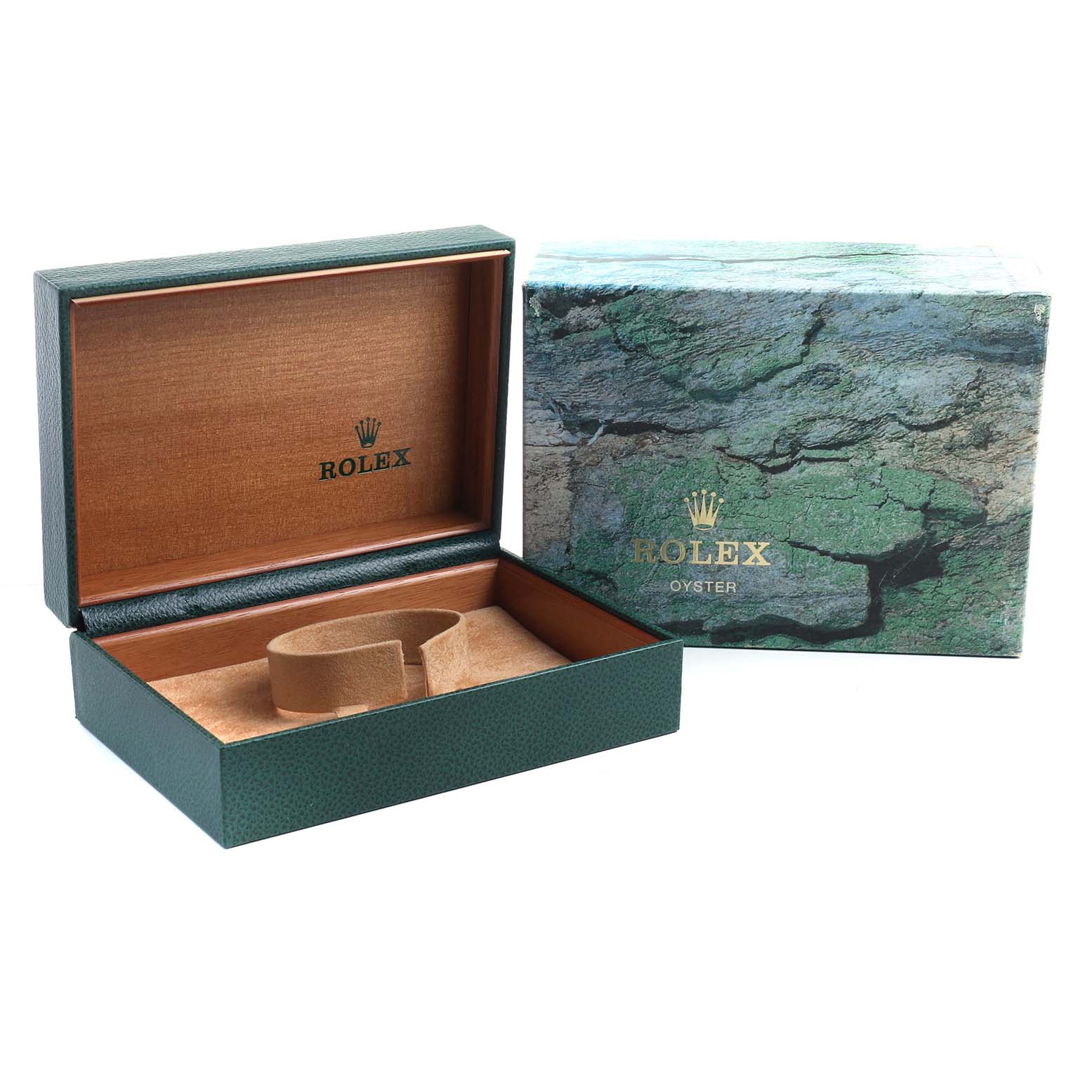 The image shows an open Rolex Explorer 14270 Men's Stainless Steel Black Dial watch box and its outer packaging from a front angle.