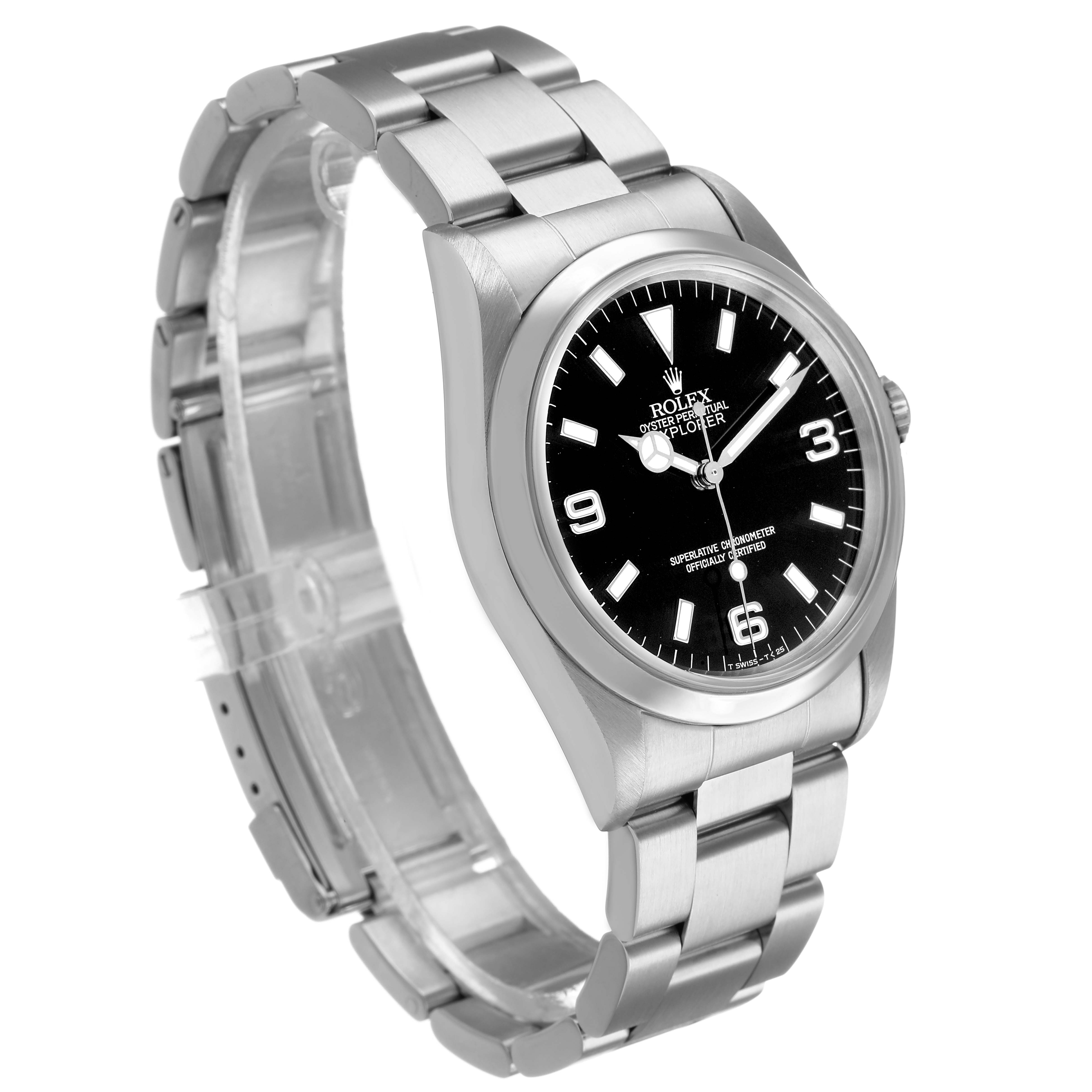 The Rolex Explorer 14270 Men's Stainless Steel Black Dial watch is shown at a slight angle, displaying the face, bezel, and partially open bracelet.
