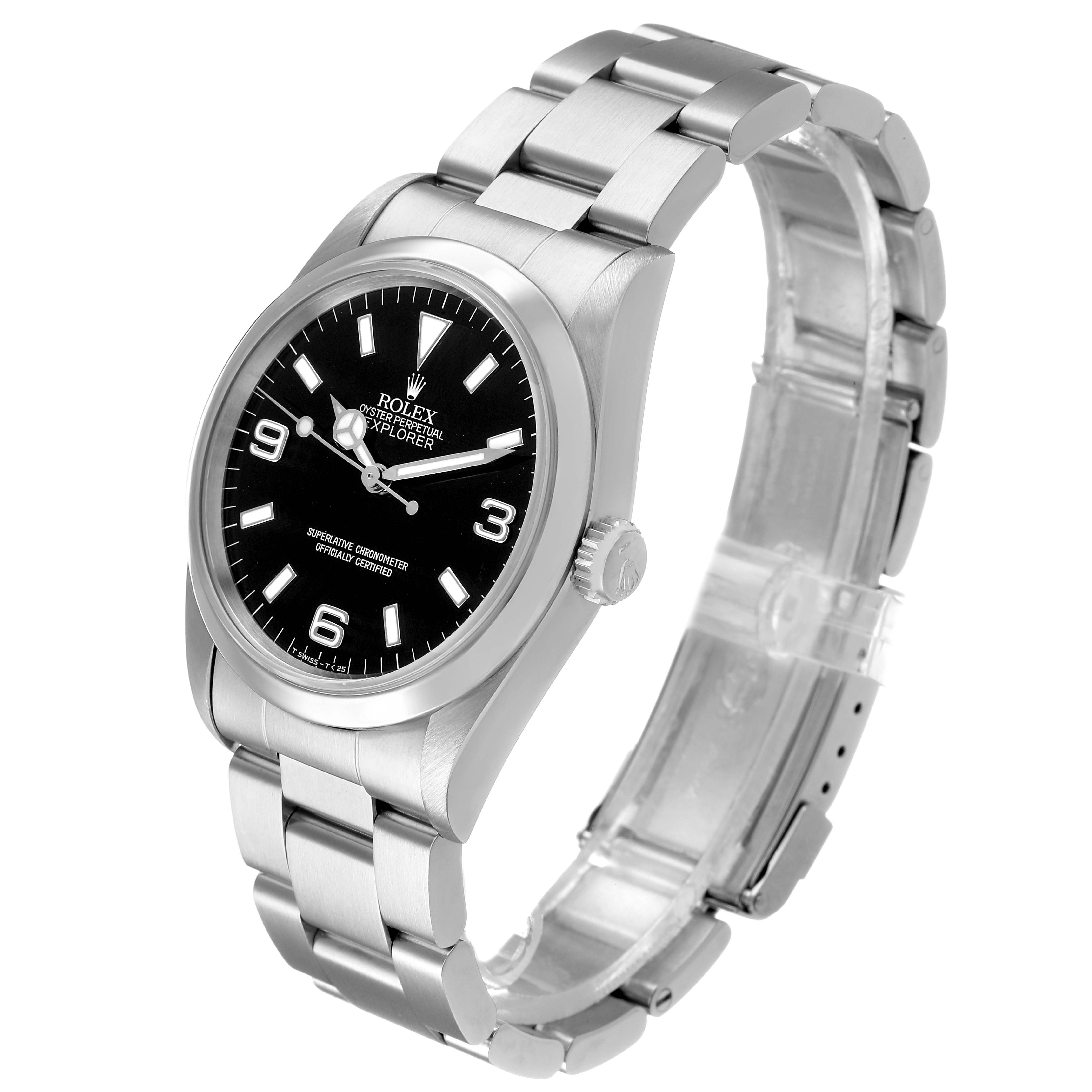 The image shows a Rolex Explorer 14270 Men's Stainless Steel Black Dial watch at a three-quarter angle, highlighting the face, crown, and bracelet.