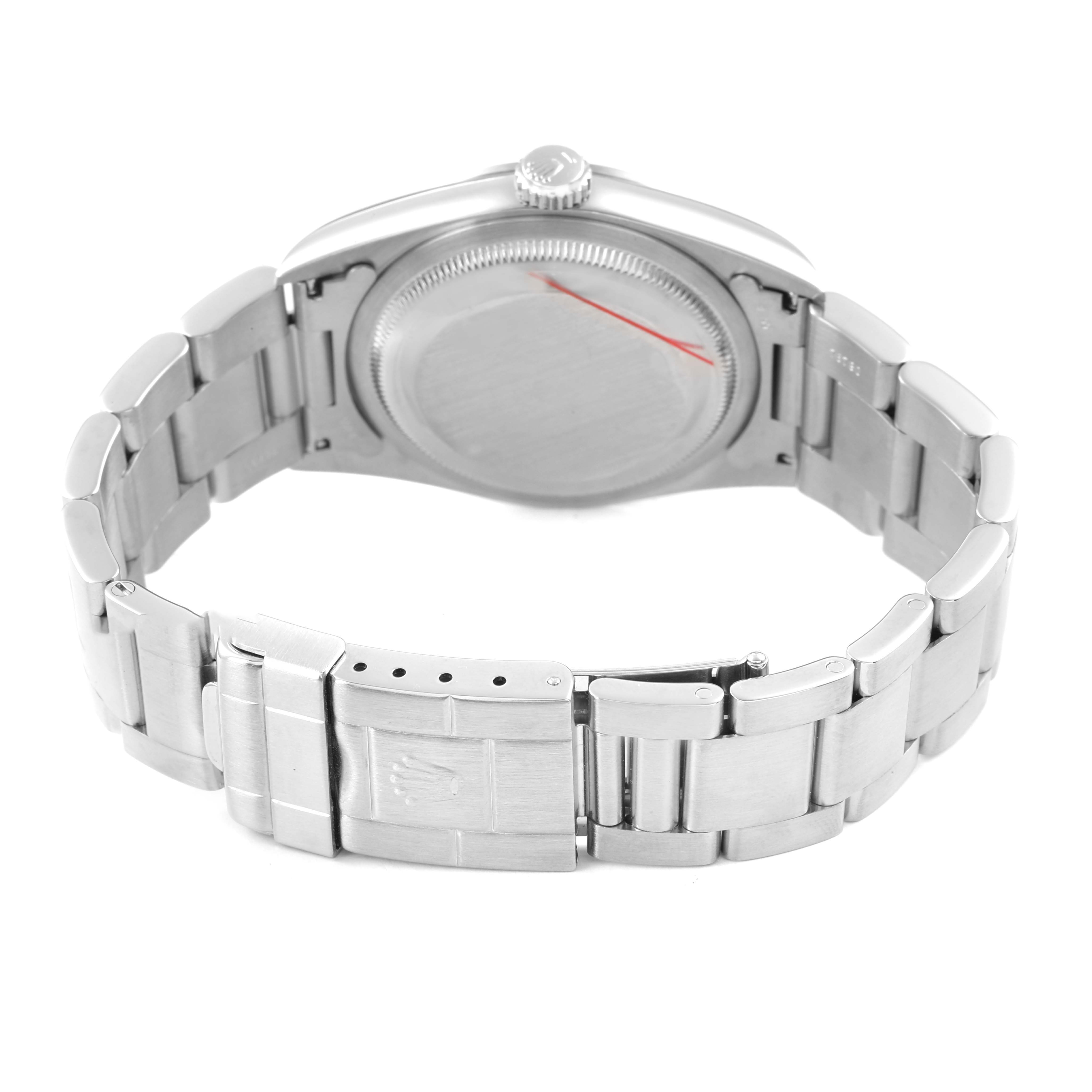 The image shows the back and bracelet of the Rolex Explorer 14270 Men's Stainless Steel Black Dial, highlighting the clasp and case back from a rear angle.