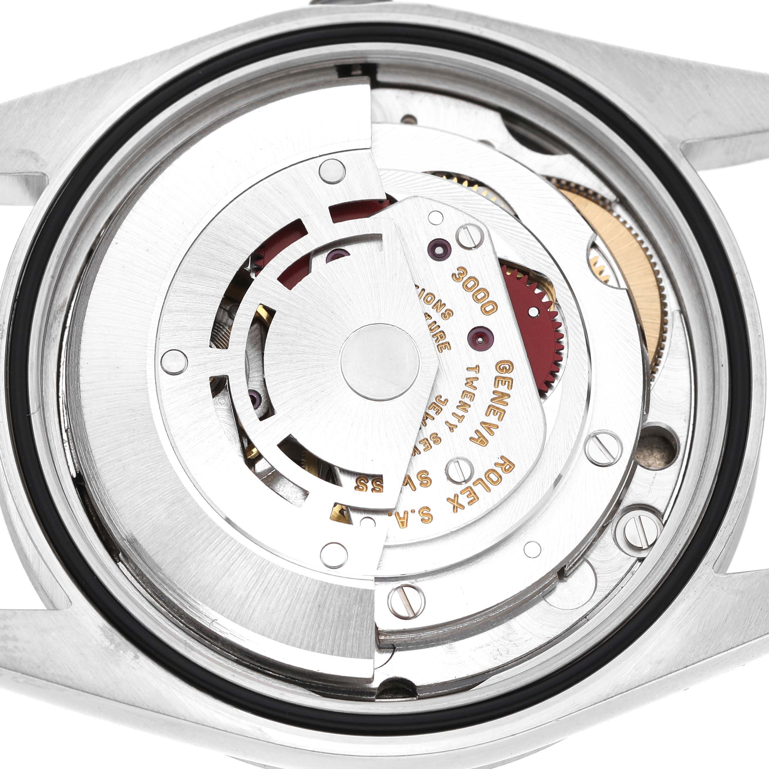 This image shows the internal mechanism of a Rolex Explorer 14270 Men's Stainless Steel Black Dial watch, focusing on the movement components.