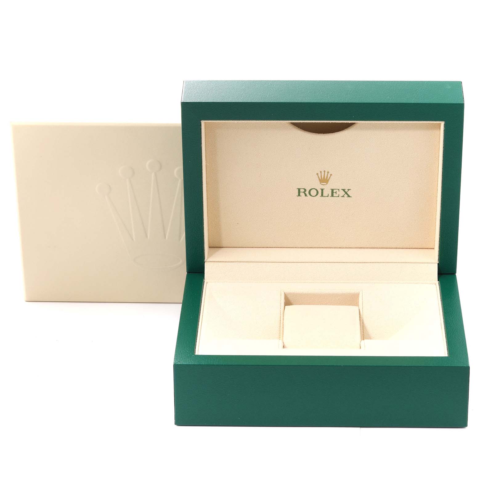 This image shows an open Rolex Explorer 214270 Men
s Stainless Steel Black Dial 214270 Men
s Stainless Steel Black Dial model watch box, highlighting its beige interior with the Rolex logo and green exterior.