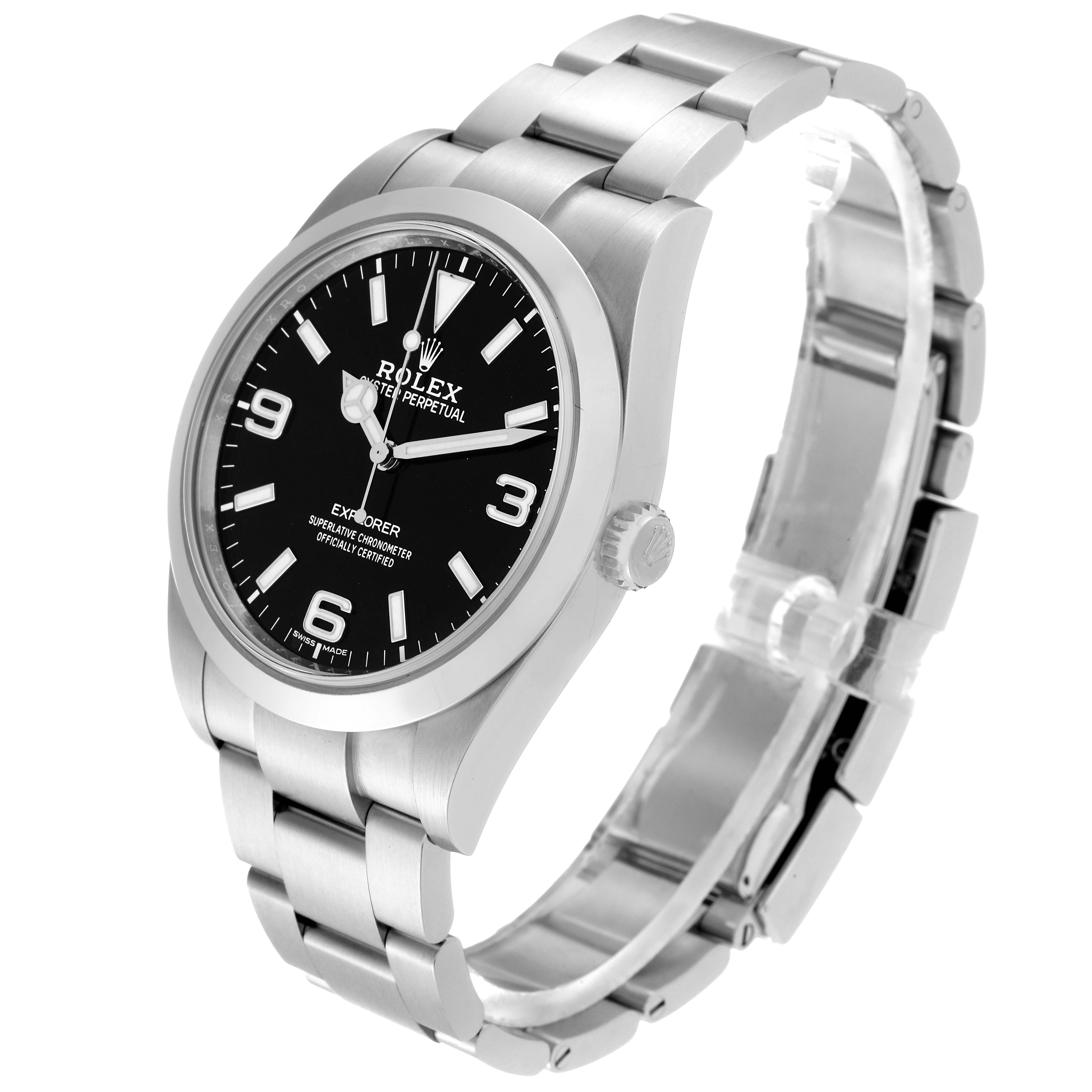 The image shows a Rolex Explorer 214270 Men
s Stainless Steel Black Dial 214270 Men
s Stainless Steel Black Dial watch, featuring the face, bezel, crown, and the entire bracelet at a three-quarter angle.