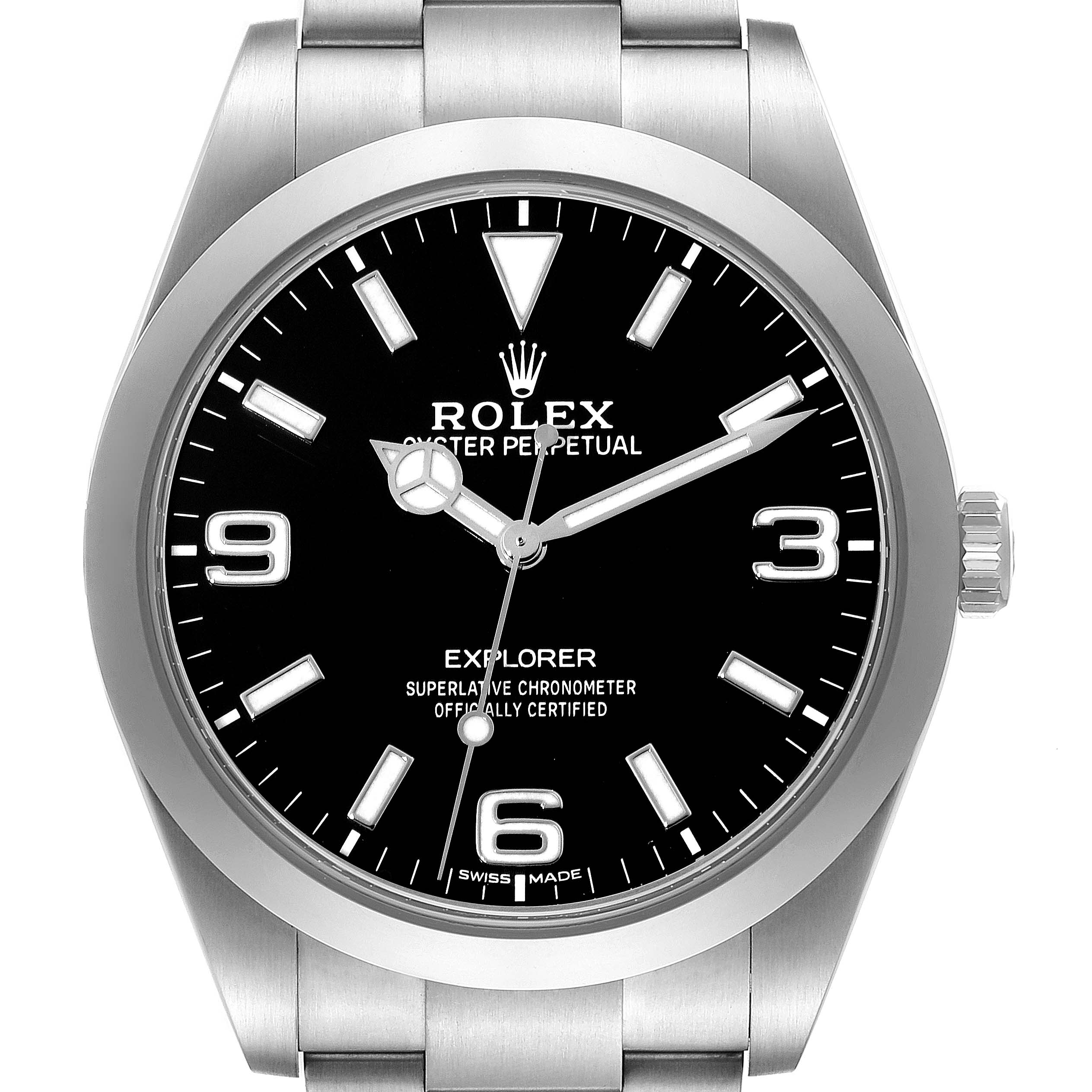 The image shows a front view of a Rolex Explorer 214270 Men
s Stainless Steel Black Dial 214270 Men
s Stainless Steel Black Dial watch, highlighting its black dial, stainless steel case, and bracelet.