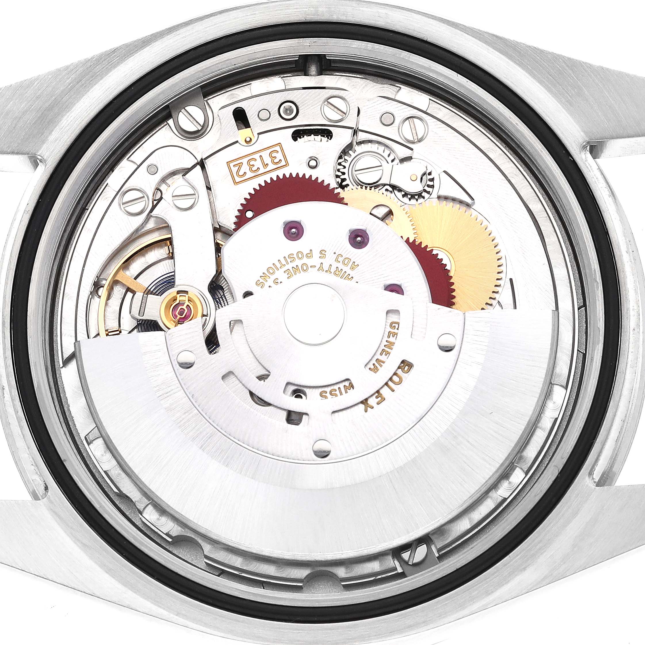 This image shows the internal movement mechanism of a Rolex Explorer 214270 Men
s Stainless Steel Black Dial 214270 Men
s Stainless Steel Black Dial watch from a top-down angle.