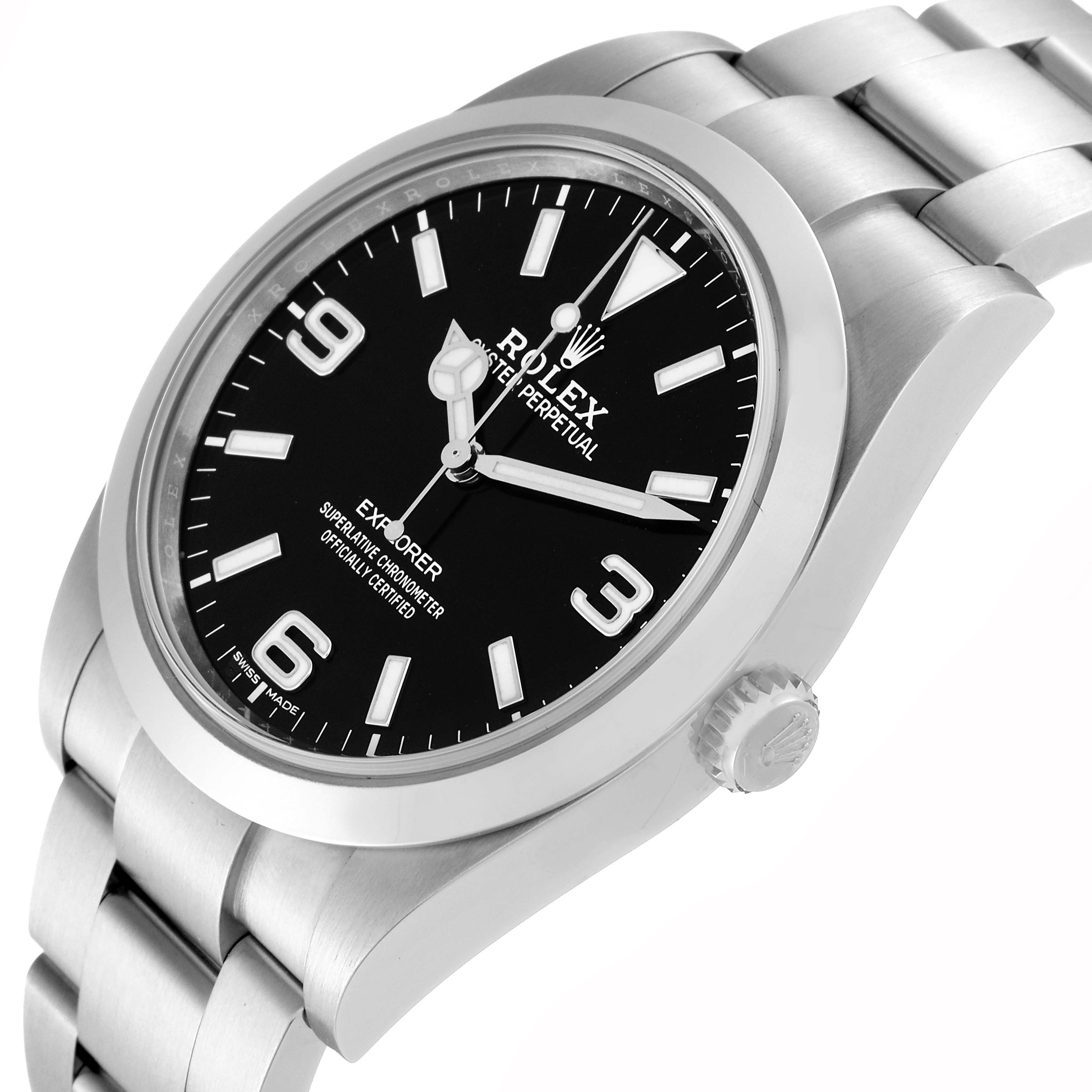The image shows a side-angle view of the Rolex Explorer 214270 Men
s Stainless Steel Black Dial 214270 Men
s Stainless Steel Black Dial watch, highlighting the dial, bezel, crown, and part of the bracelet.