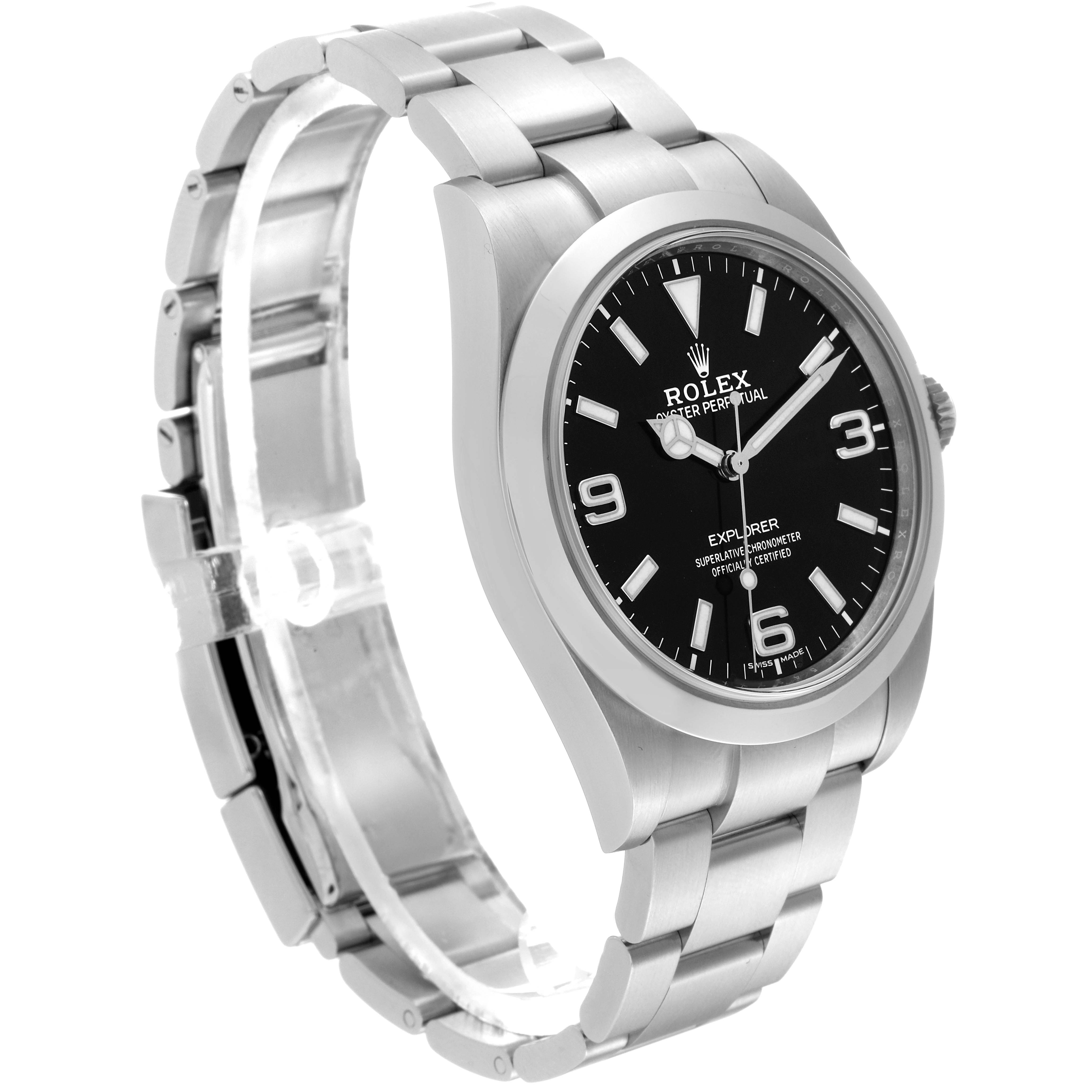 This image shows a Rolex Explorer 214270 Men
s Stainless Steel Black Dial 214270 Men
s Stainless Steel Black Dial watch from a 3/4 angle, highlighting the face, bezel, and stainless steel bracelet.