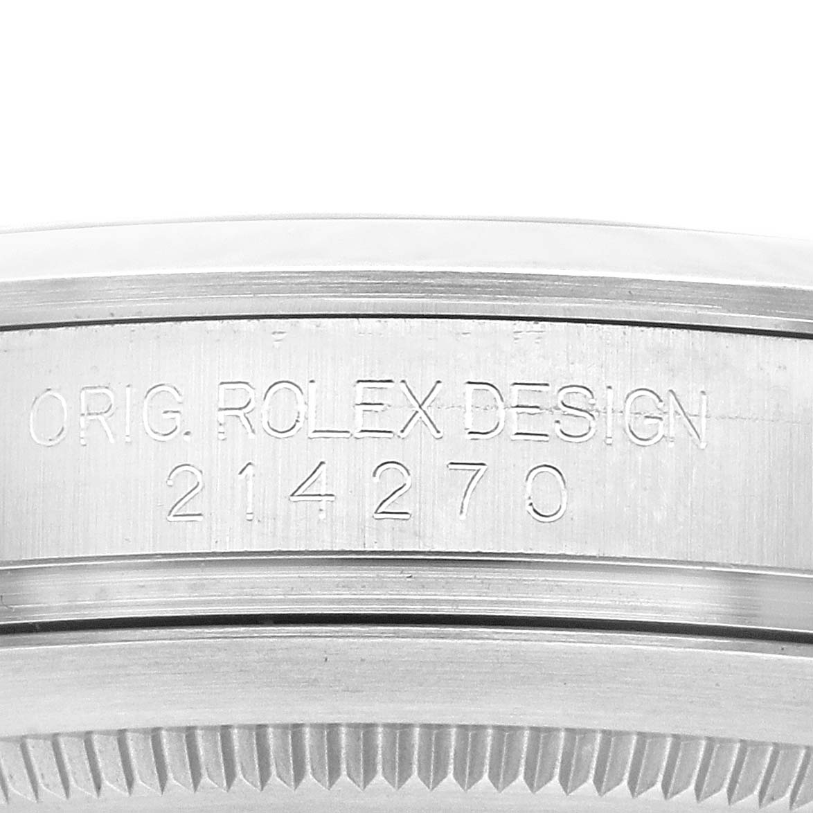 This image shows a close-up side view of the Rolex Explorer 214270 Men
s Stainless Steel Black Dial 214270 Men
s Stainless Steel Black Dial
s engraved case, featuring the "Original Rolex Design 214270" inscription.