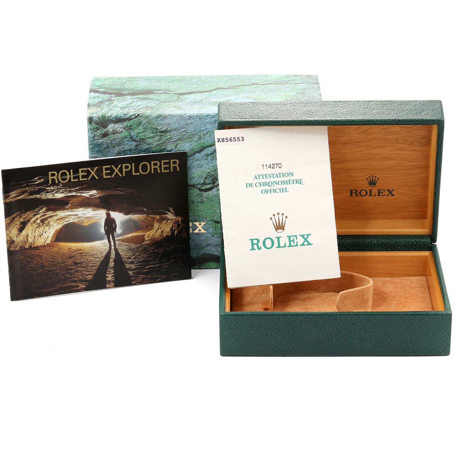 The image shows an empty Rolex Explorer 114270 Men
s Stainless Steel Black Dial 114270 Men
s Stainless Steel Black Dial watch box, a manual, and an official certification card.