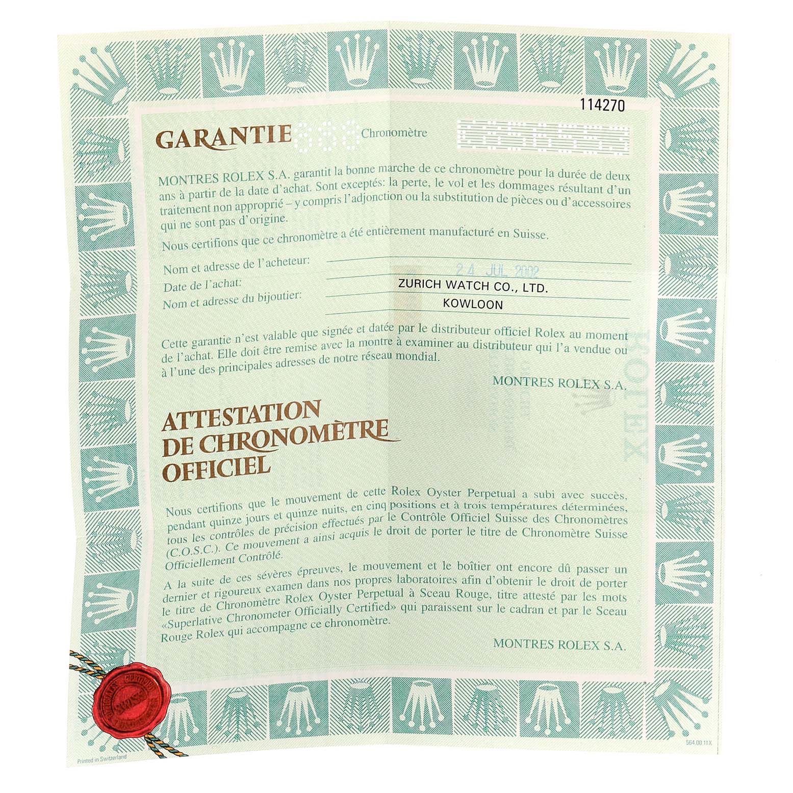 The image shows a warranty certificate and official chronometer certification for the Rolex Explorer 114270 Men
s Stainless Steel Black Dial 114270 Men
s Stainless Steel Black Dial model.