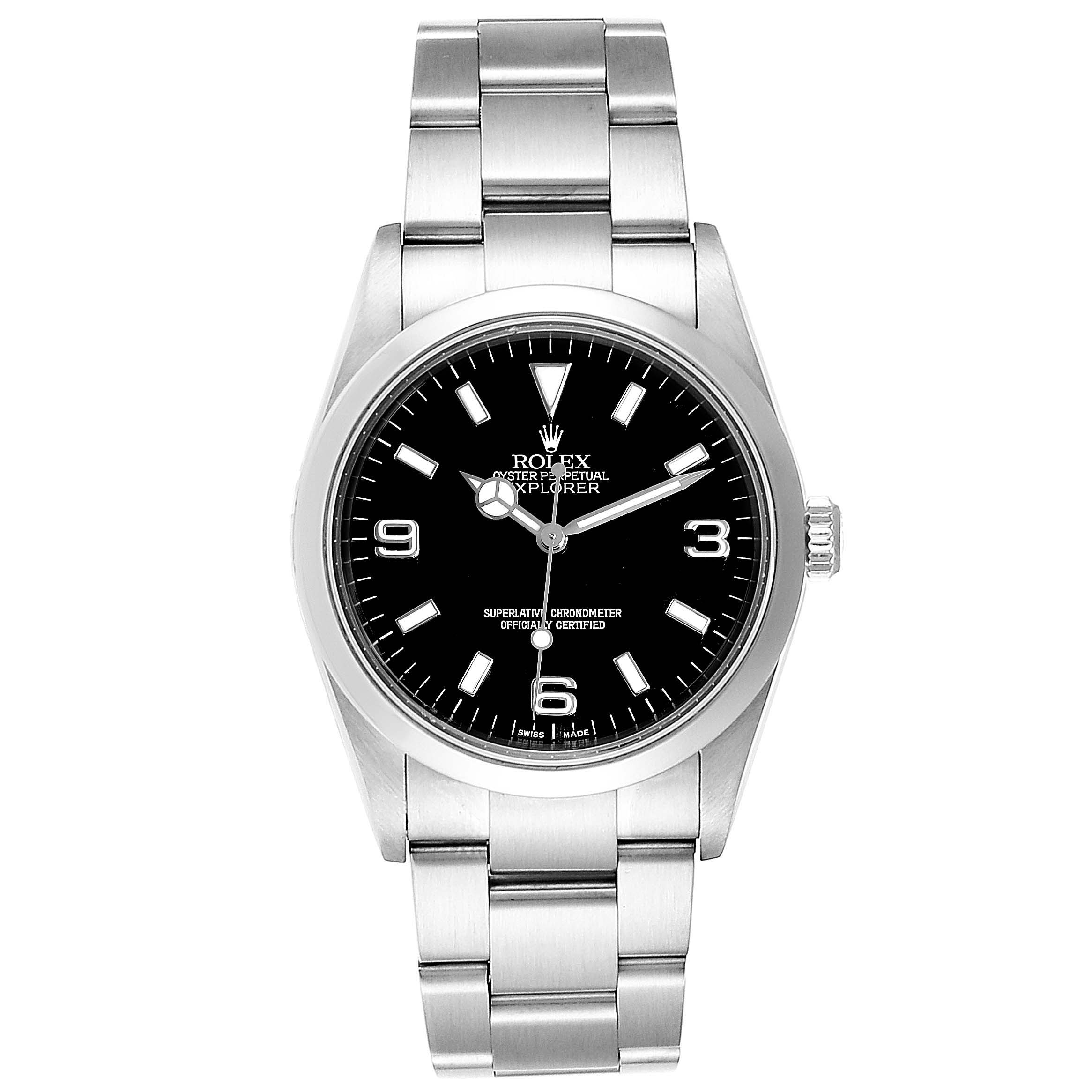 This image shows a front view of the Rolex Explorer 114270 Men
s Stainless Steel Black Dial 114270 Men
s Stainless Steel Black Dial watch, highlighting its black dial, steel bracelet, and hour markers.