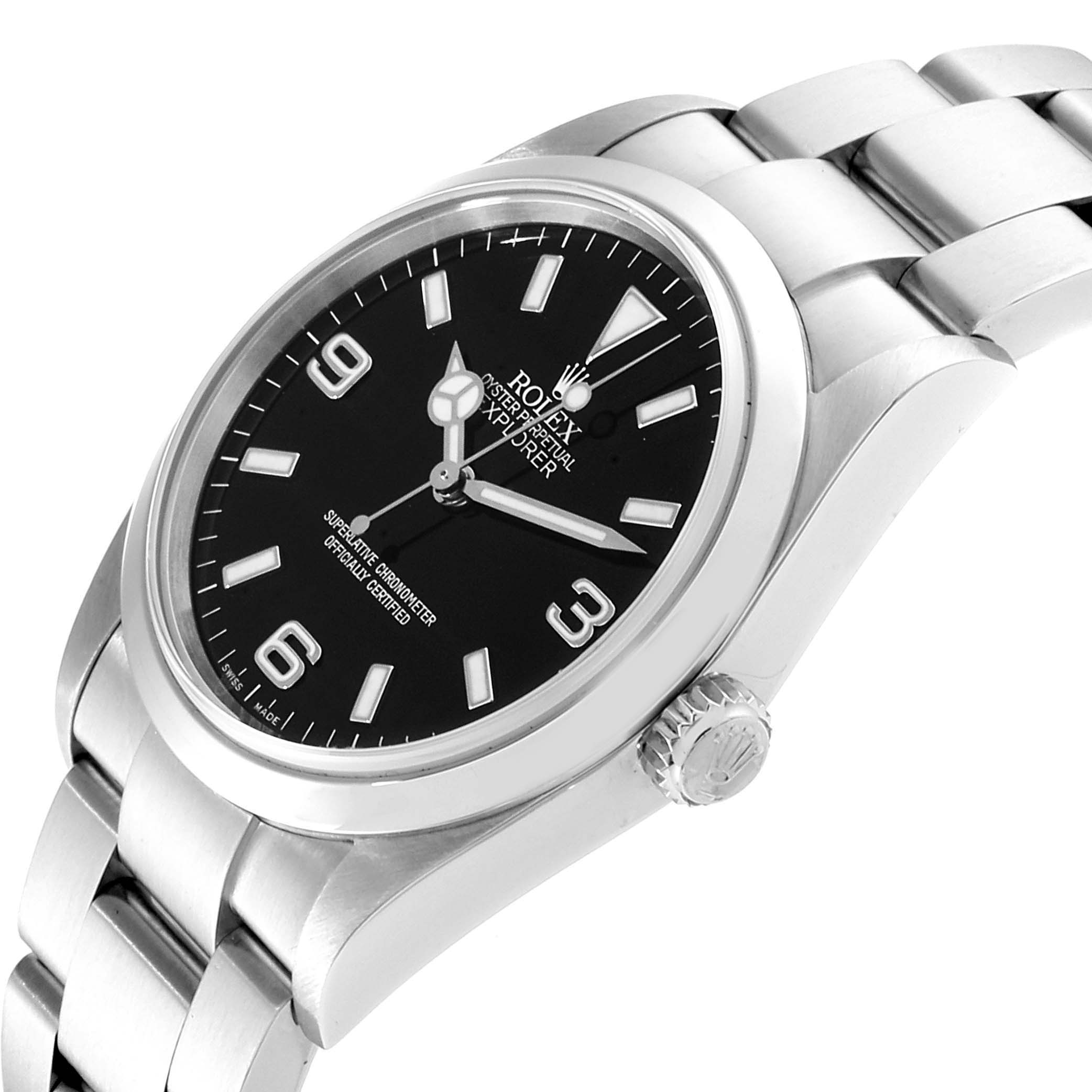 The Rolex Explorer 114270 Men
s Stainless Steel Black Dial 114270 Men
s Stainless Steel Black Dial watch is shown from a three-quarter angle highlighting its face, bezel, bracelet, and crown.