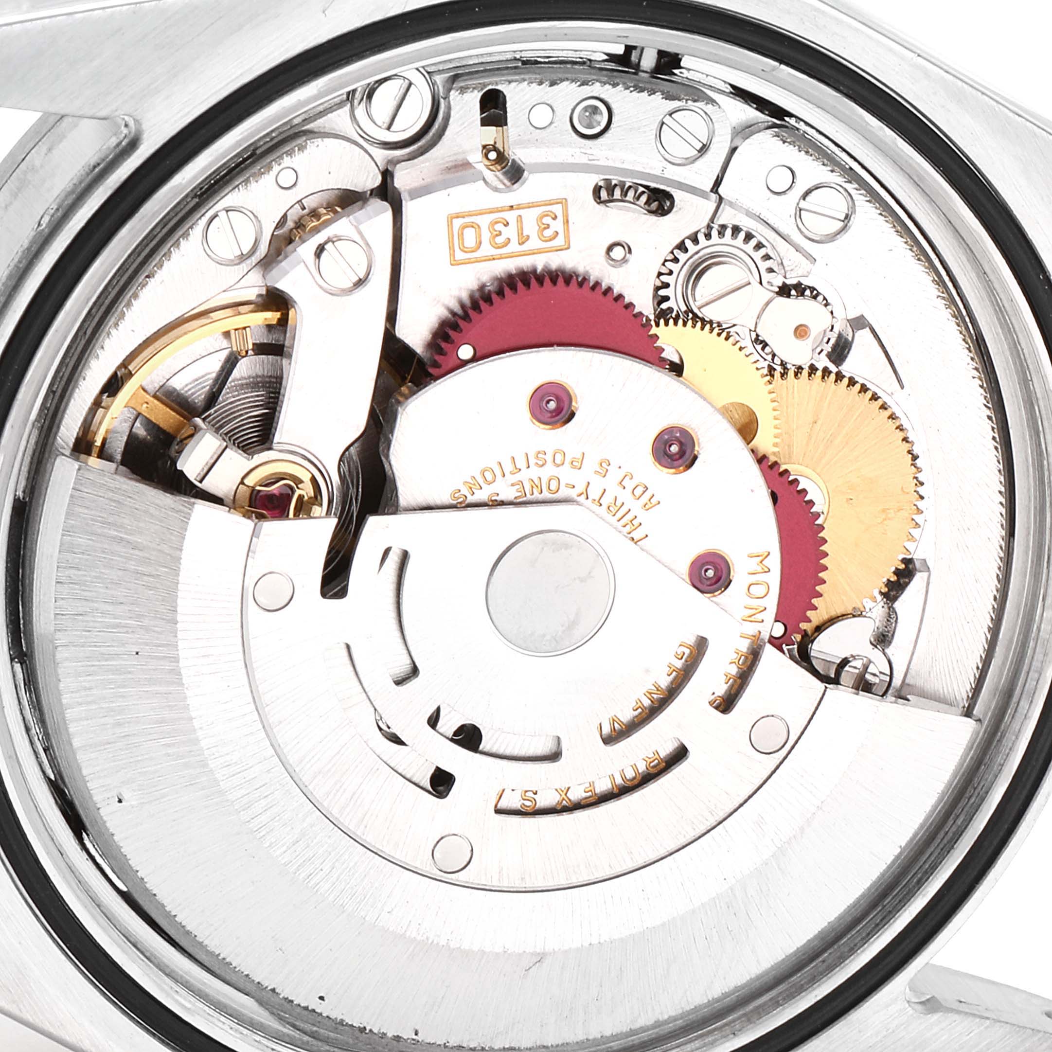 The image shows the internal mechanical movement of a Rolex Explorer 114270 Men
s Stainless Steel Black Dial 114270 Men
s Stainless Steel Black Dial watch, highlighting gears and the rotor.