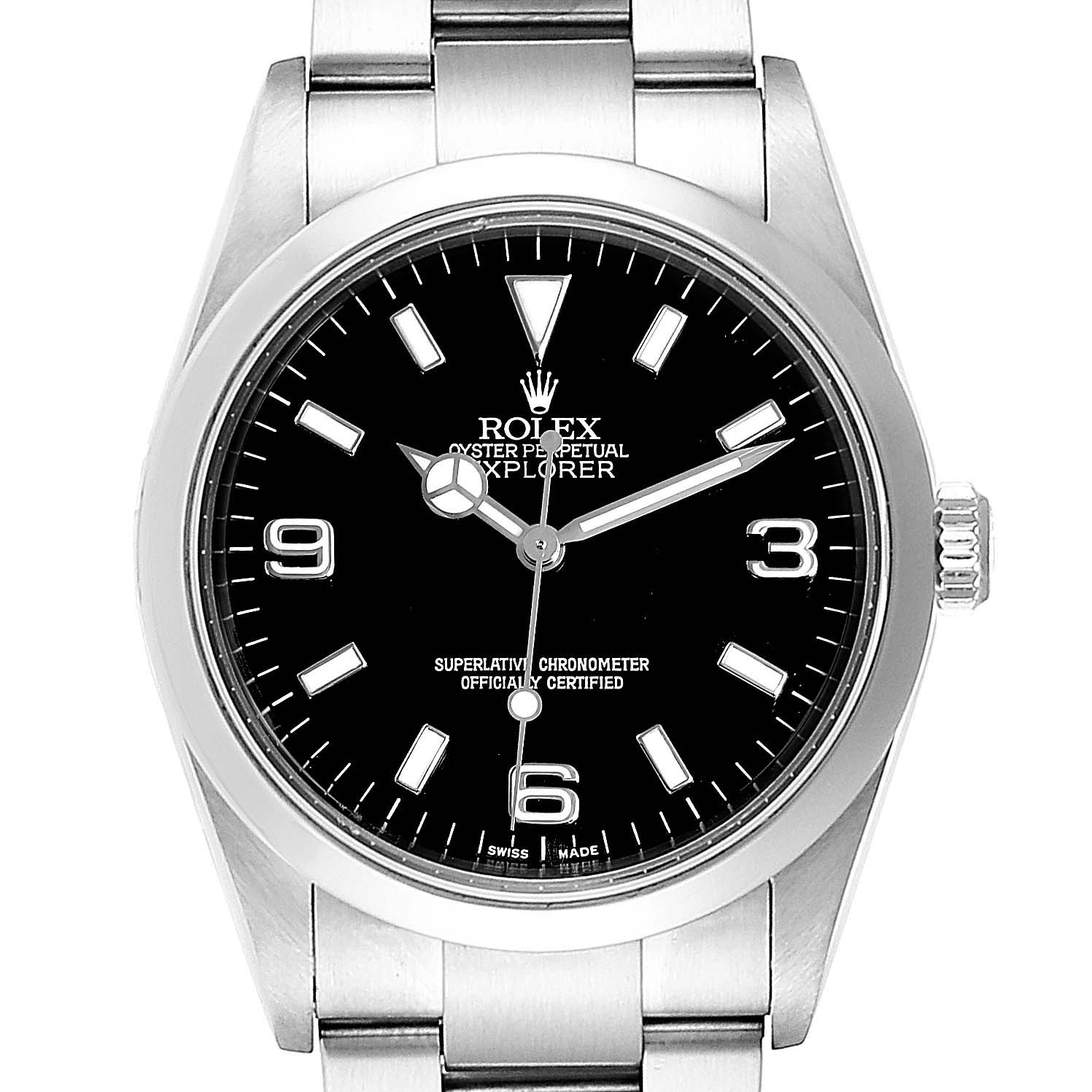 The image shows a front view of the Rolex Explorer 114270 Men
s Stainless Steel Black Dial 114270 Men
s Stainless Steel Black Dial watch, highlighting the dial, bezel, crown, and part of the bracelet.