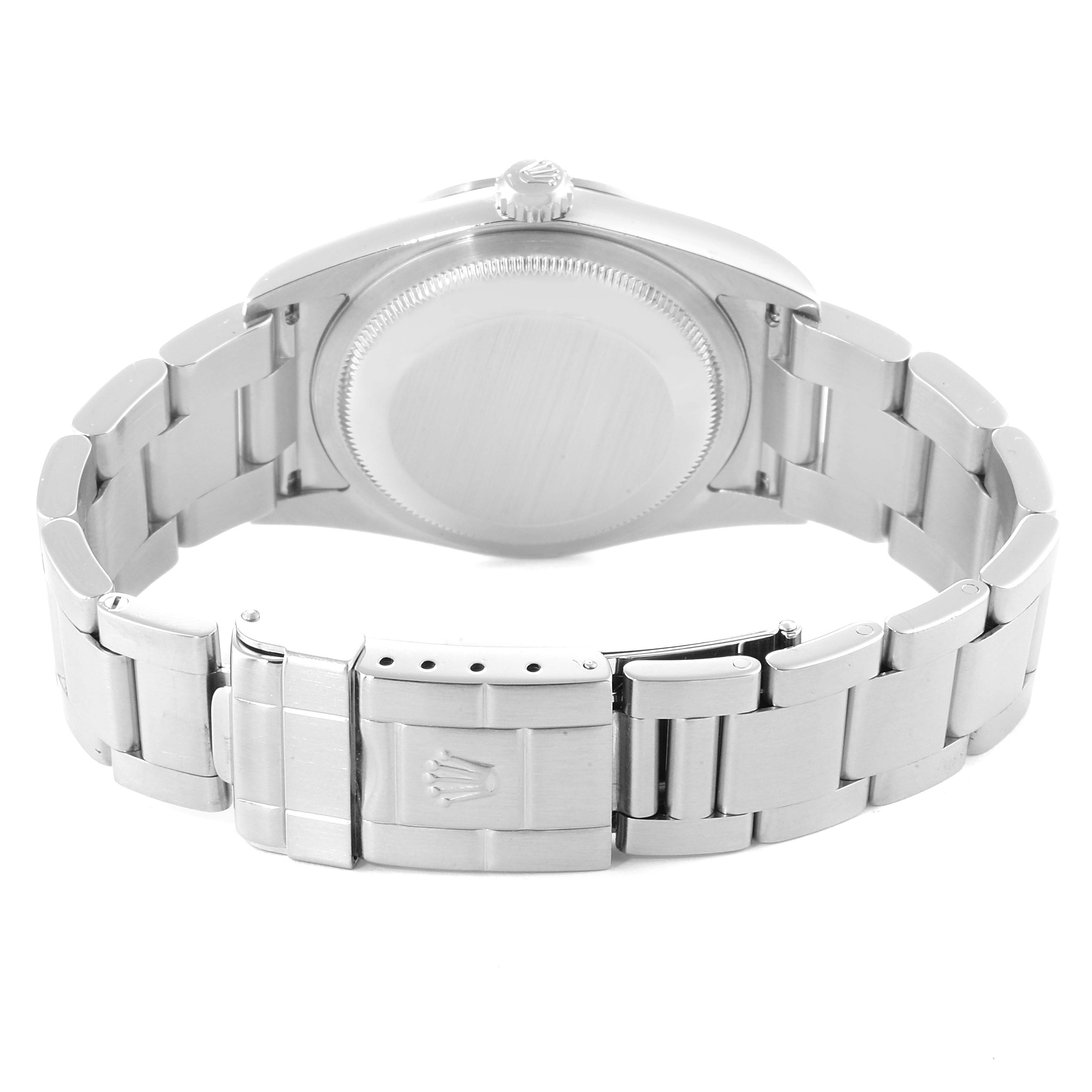 The image shows the back and bracelet clasp of a Rolex Explorer 114270 Men
s Stainless Steel Black Dial 114270 Men
s Stainless Steel Black Dial watch.