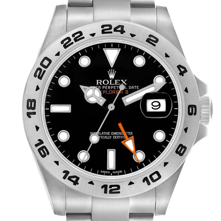 The Rolex Explorer II watch is shown from the front, highlighting its dial, hands, date window, and bezel.